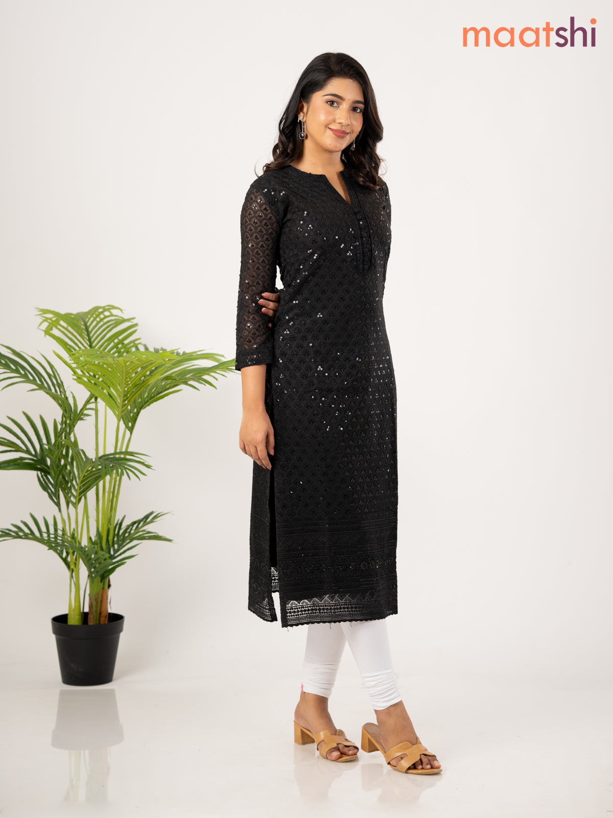 Semi georgette kurti black with allover chikankari work without pant
