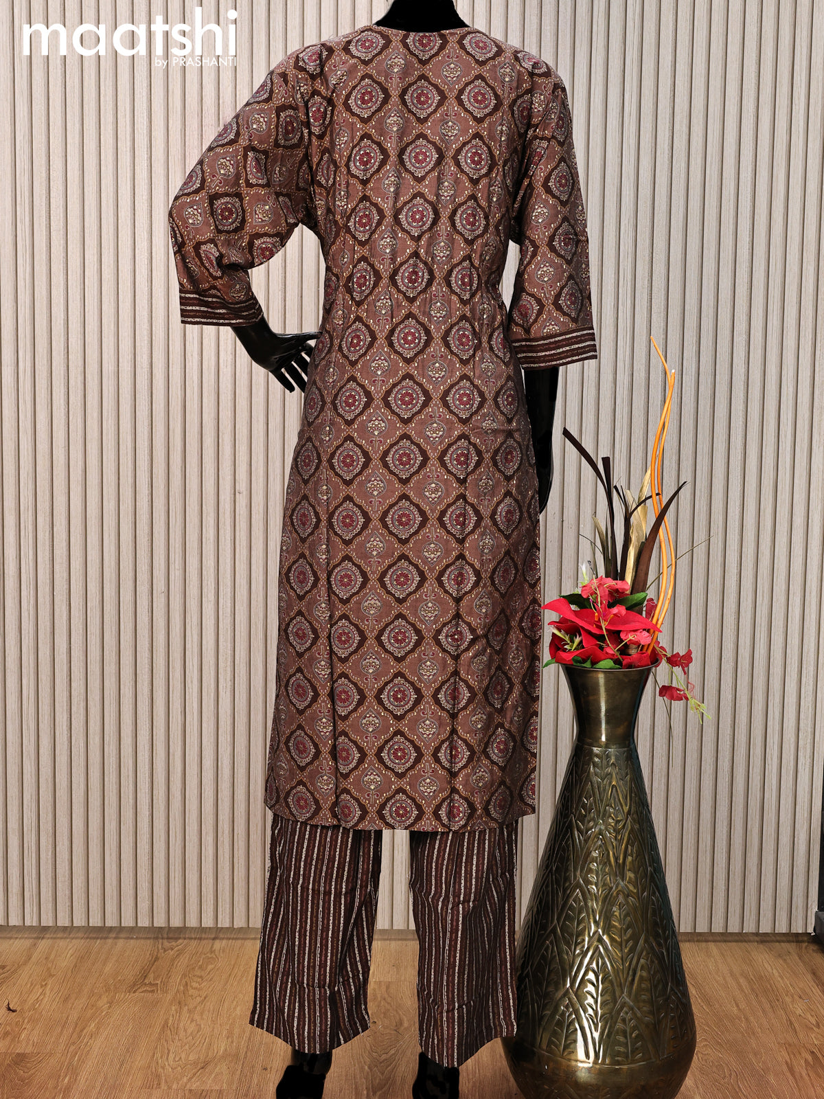Modal readymade salwar suit brown with allover ajrakh prints & sequin work neck pattern and straight cut pant & printed dupatta