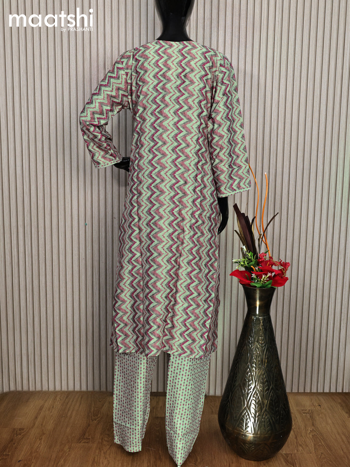 Modal readymade salwar suits pastel green shade and magenta pink with allover zig zag prints & embroidery mirror work neck pattern and straight cut pant & printed dupatta