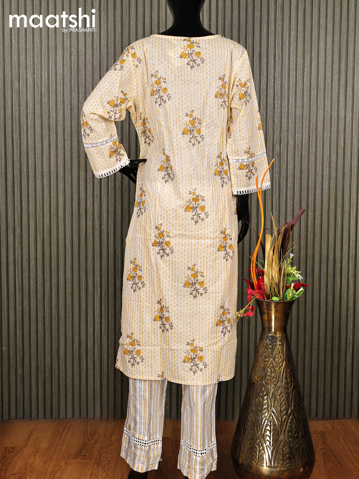 Cotton readymade salwar suit off white and pale yellow with allover floral prints & beaded work neck pattern and straight cut pant & organza dupatta