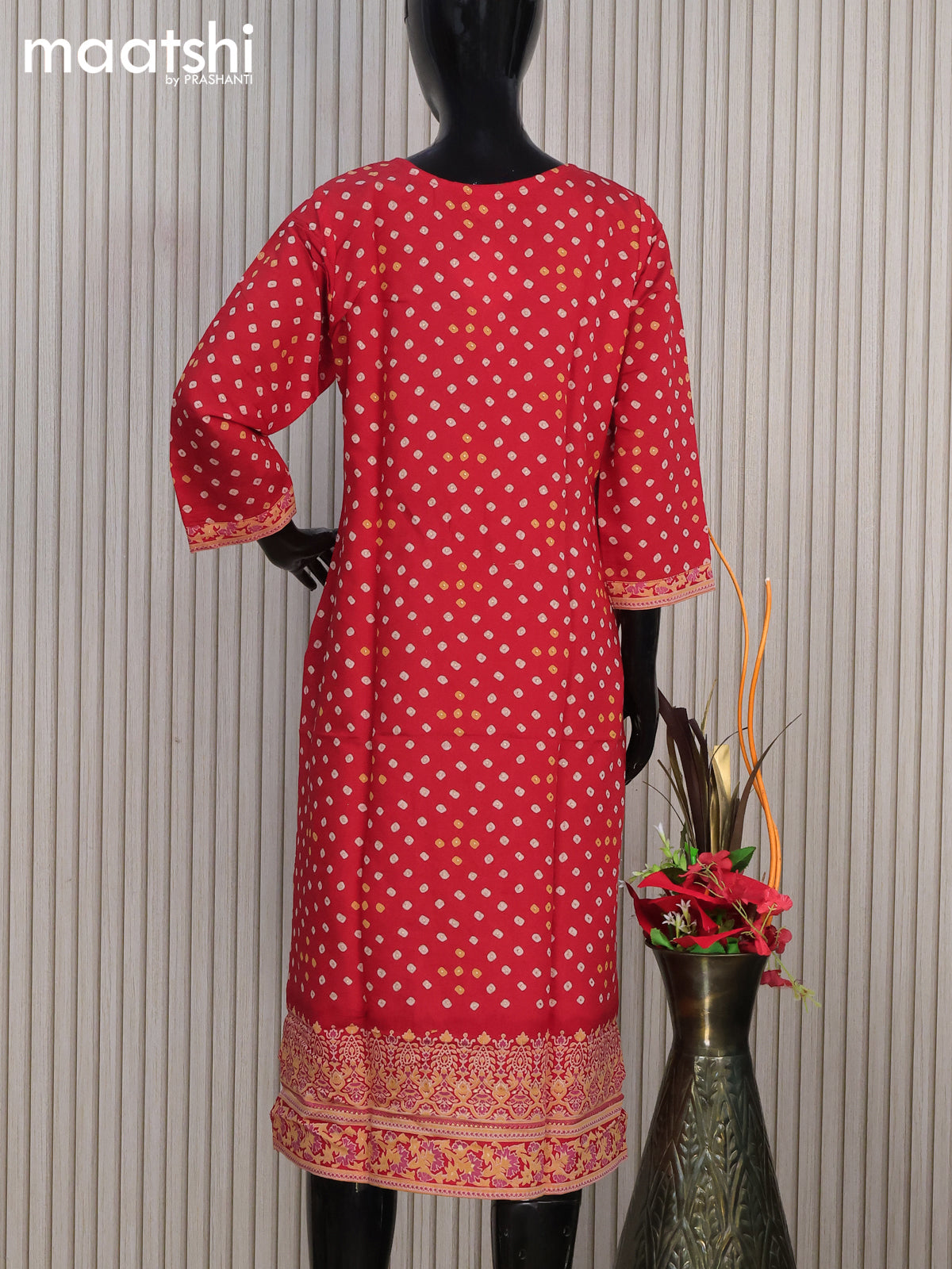 Modal readymade kurti red with allover bandhani prints & simple work neck pattern without pant