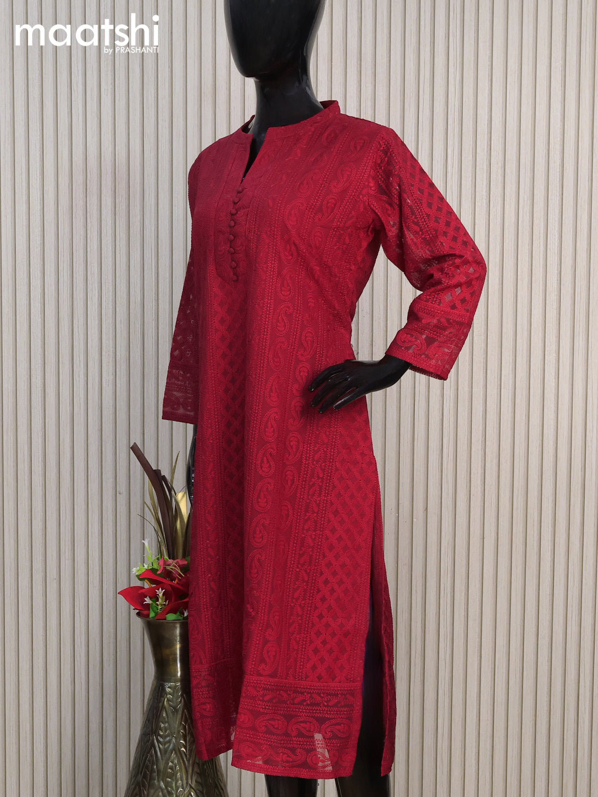 Semi georgette readymade kurti maroon with allover chikankari work & simple neck pattern without pant