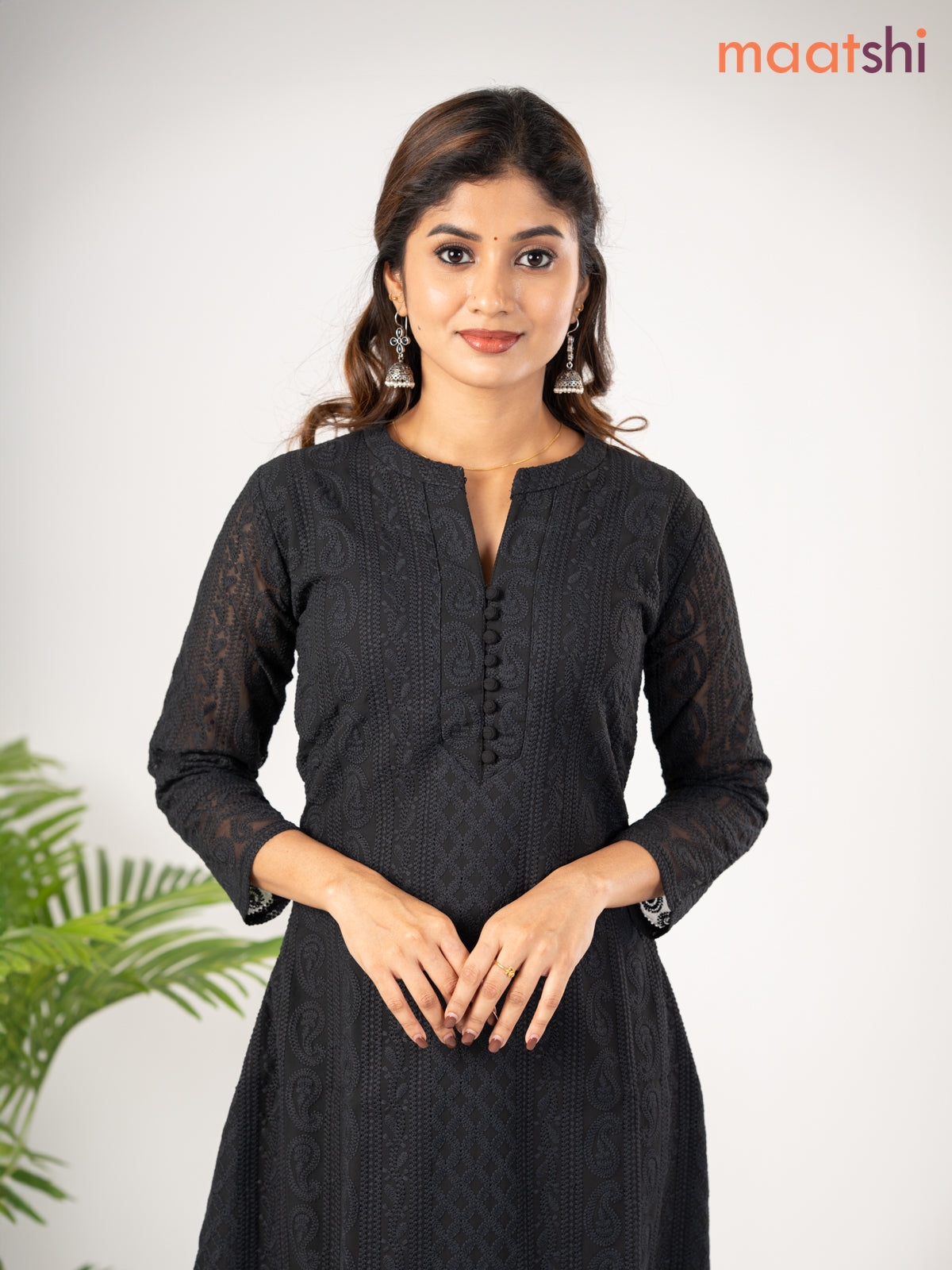 Semi georgette kurti black with allover chikankari work & simple neck pattern without pant