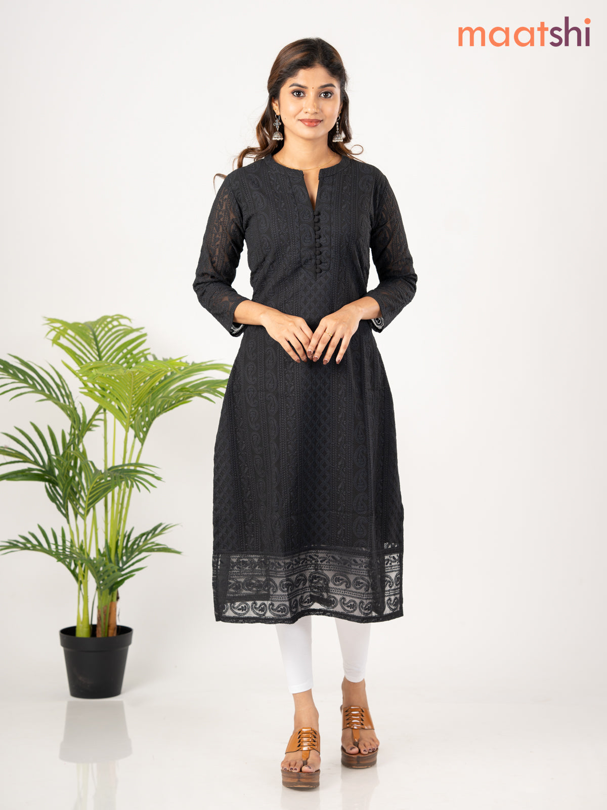 Semi georgette kurti black with allover chikankari work & simple neck pattern without pant