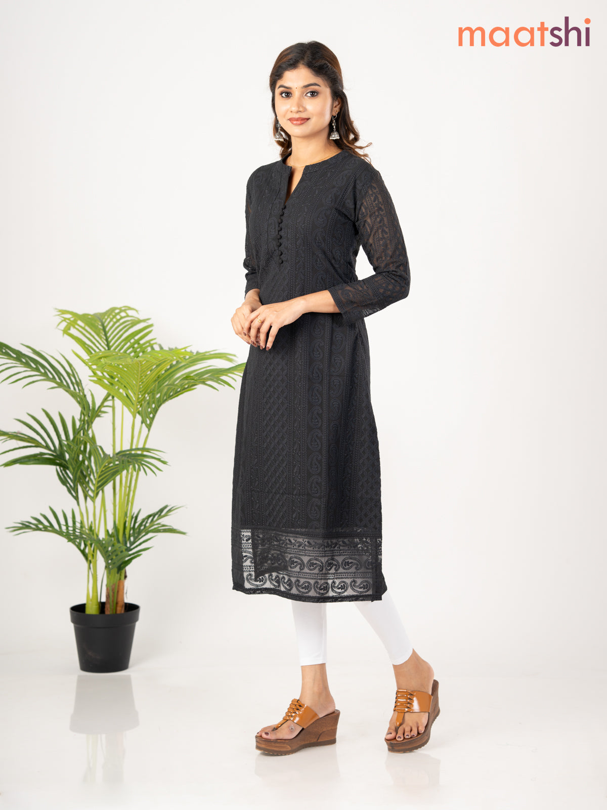 Semi georgette kurti black with allover chikankari work & simple neck pattern without pant