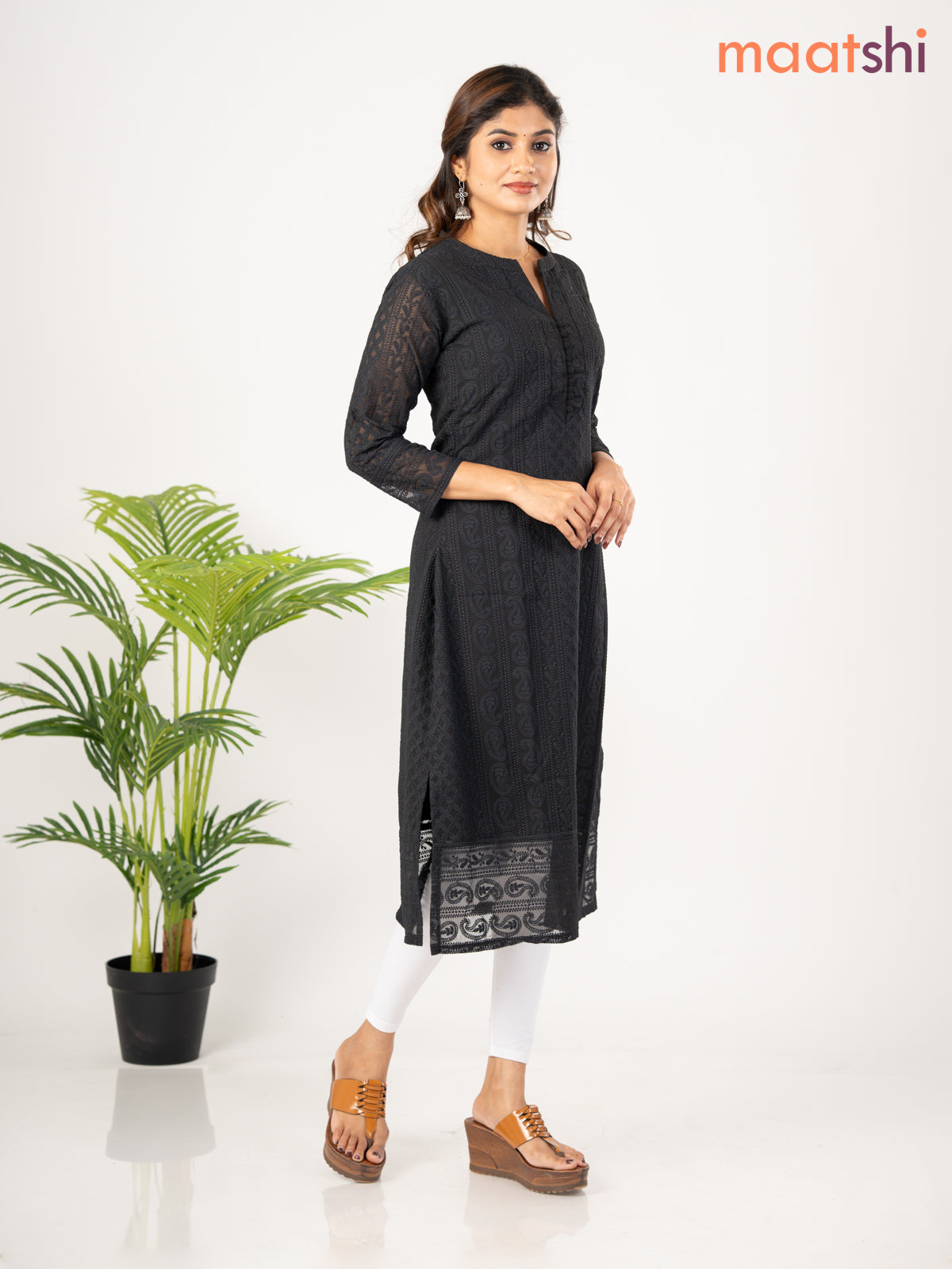 Semi georgette kurti black with allover chikankari work & simple neck pattern without pant