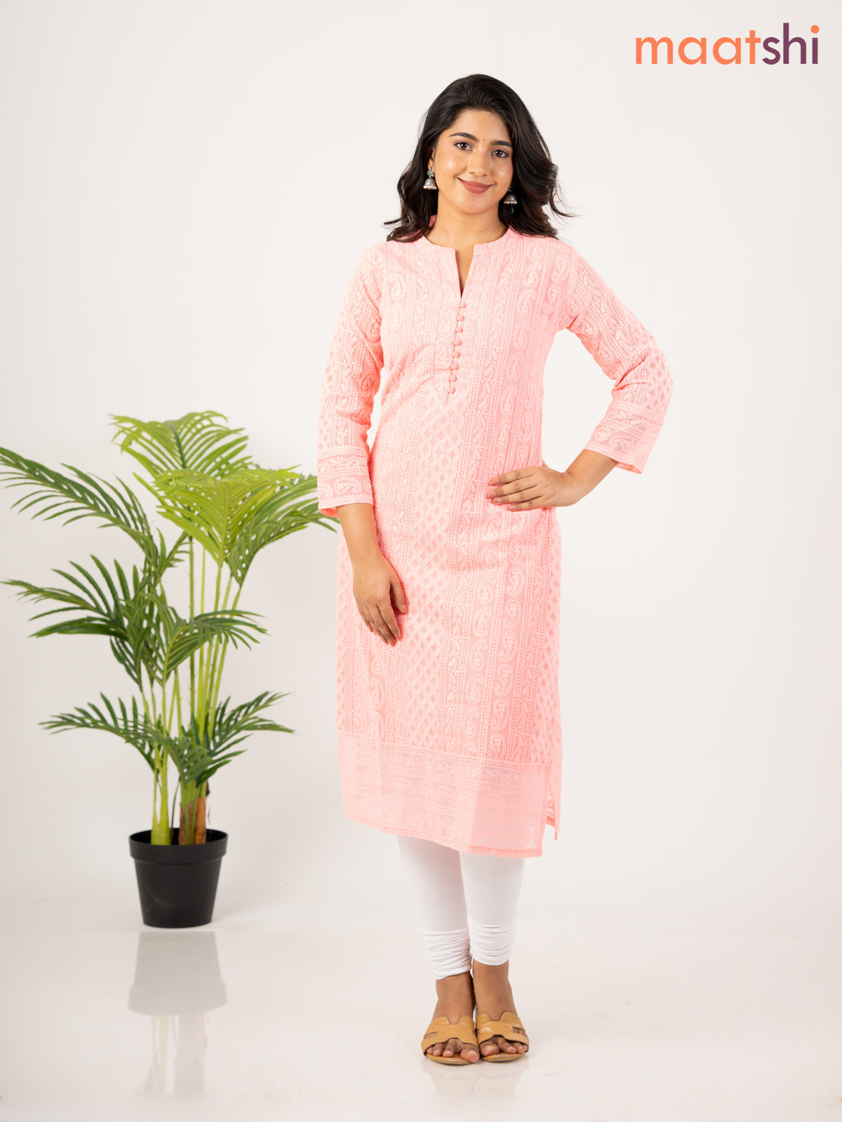 Semi georgette kurti peach pink with allover chikankari work & simple neck pattern without pant