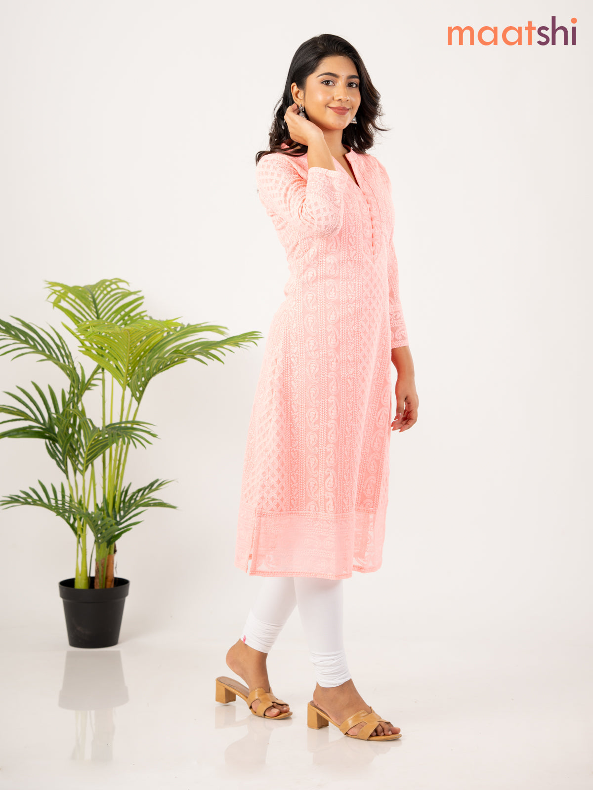 Semi georgette kurti peach pink with allover chikankari work & simple neck pattern without pant