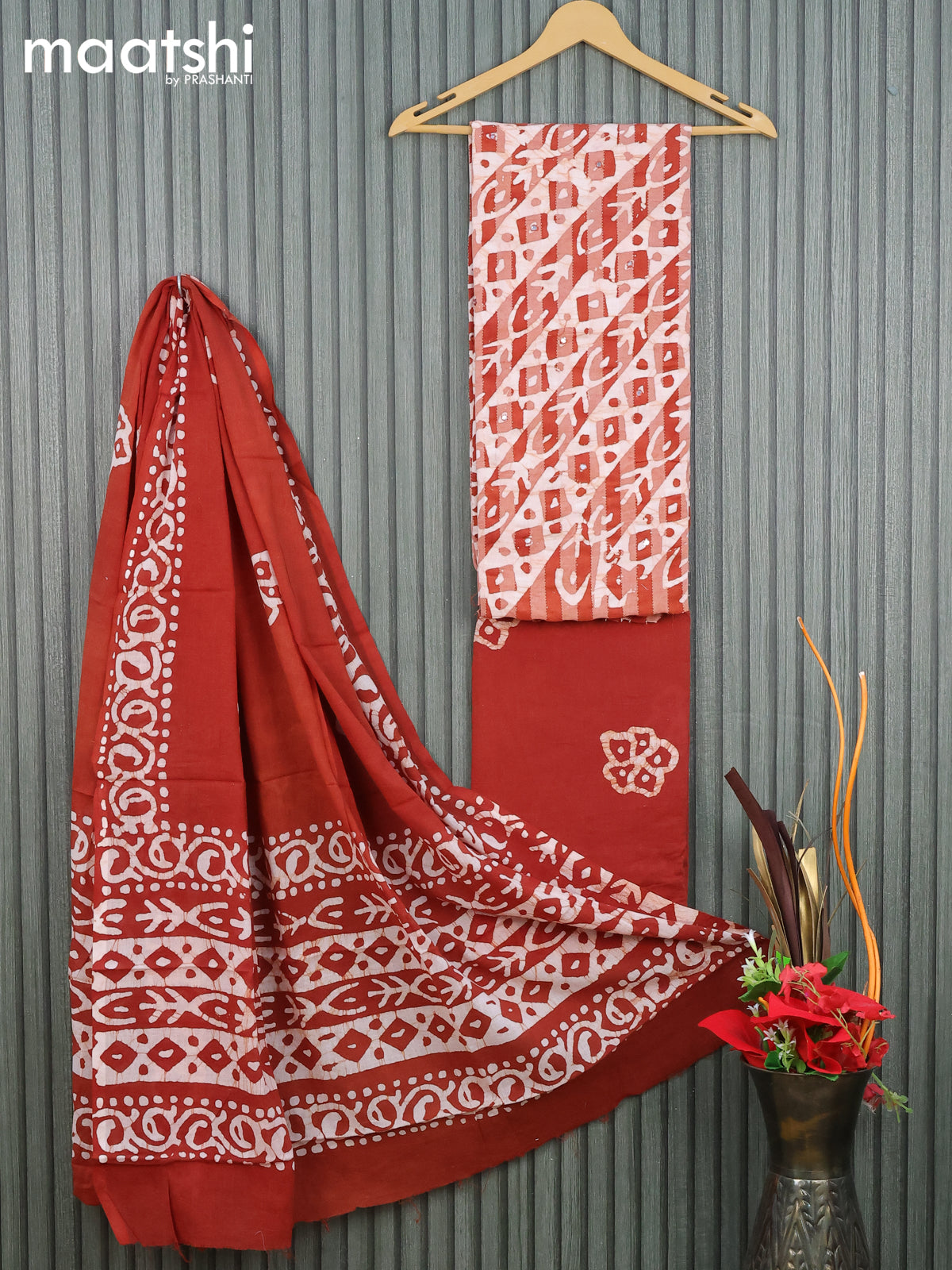 Cotton dress material off white and brown with allover batik prints Maatshi