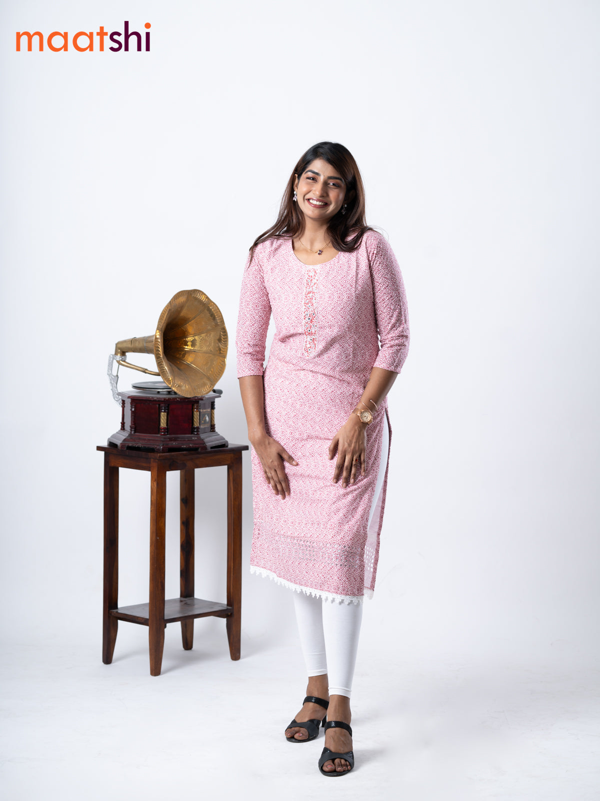 Cotton kurti off white and maroon with geometric print chikankari work & beaded neck pattern without pant