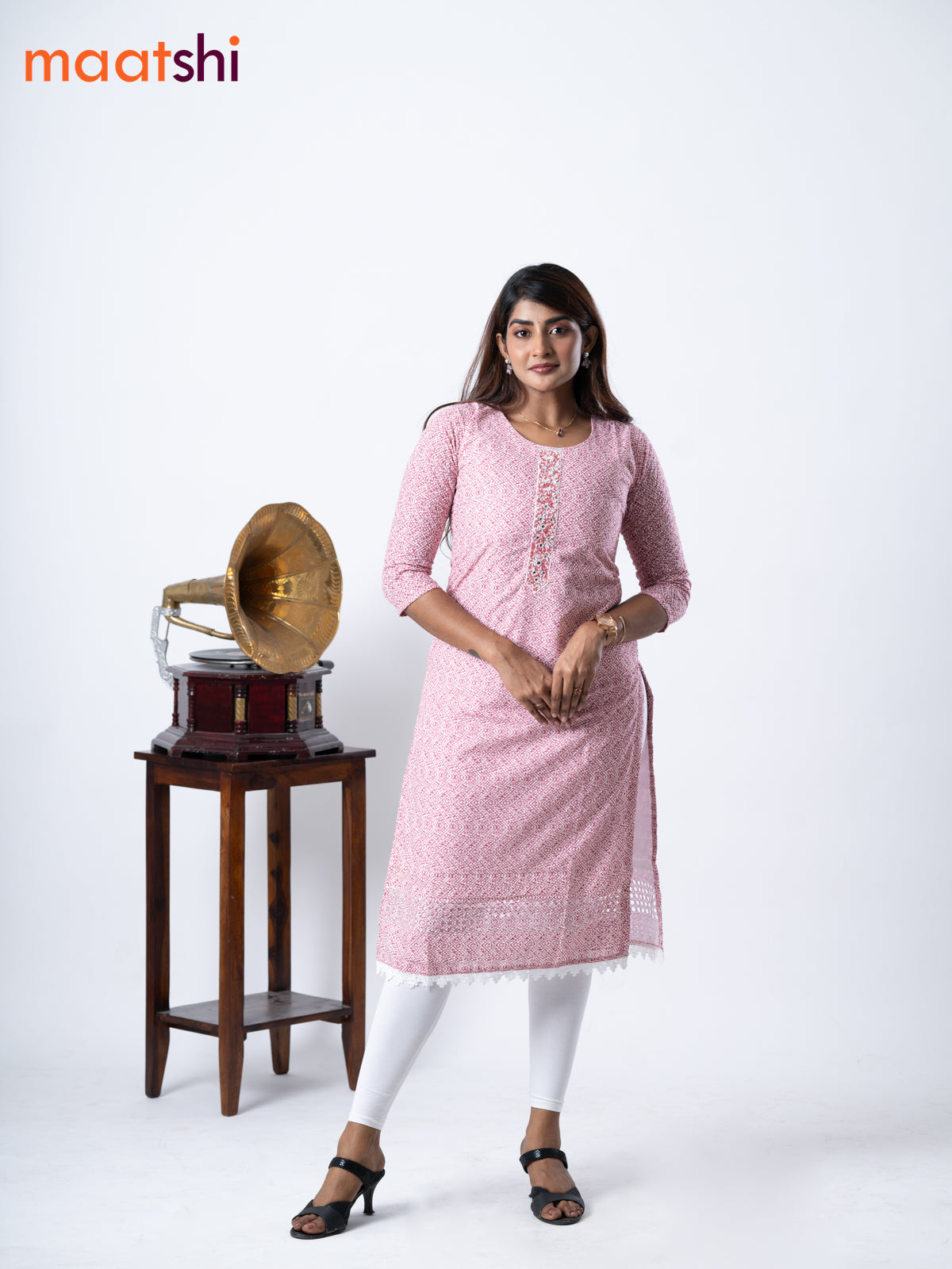 Cotton kurti off white and maroon with geometric print chikankari work & beaded neck pattern without pant
