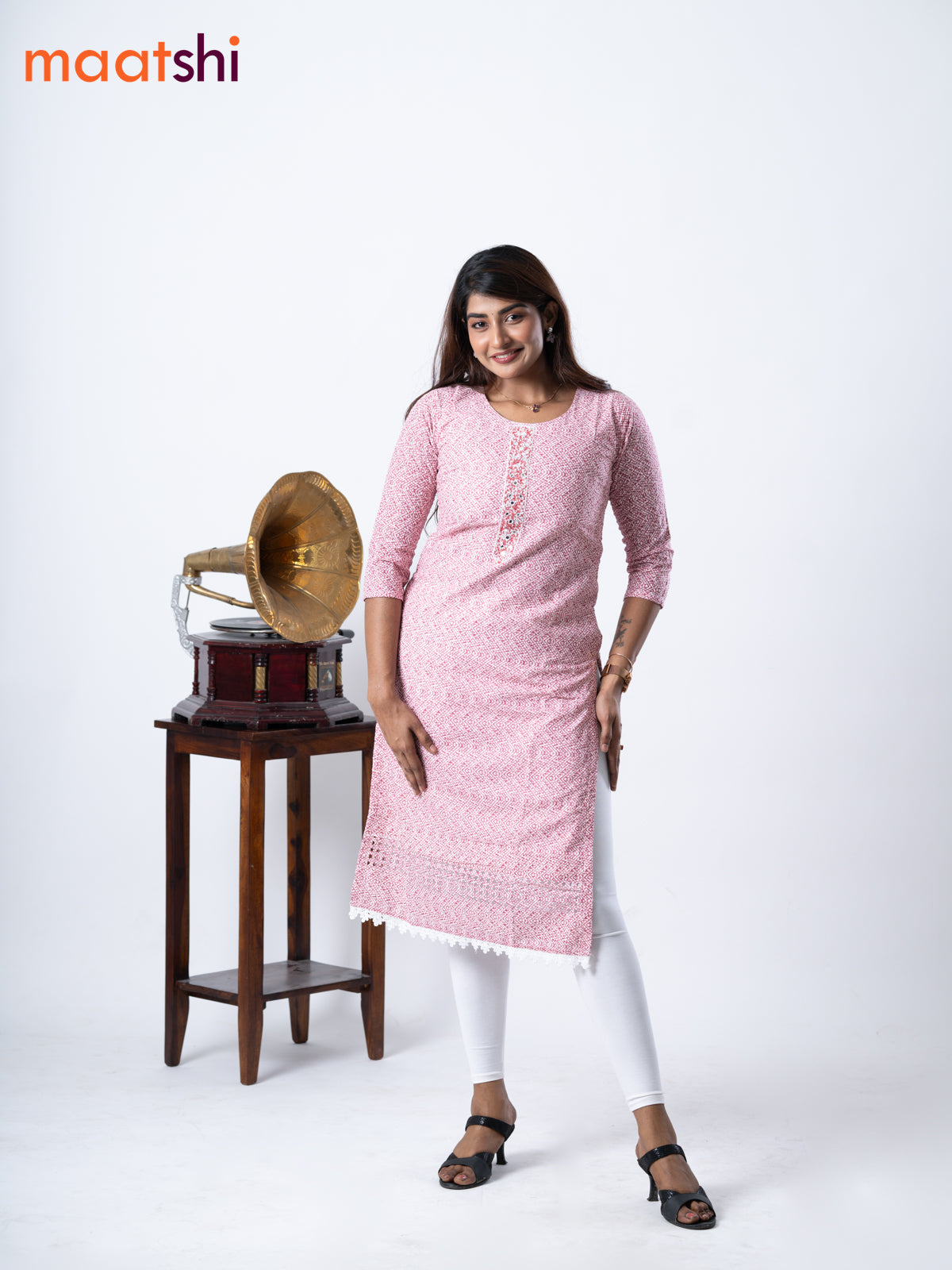 Cotton kurti off white and maroon with geometric print chikankari work & beaded neck pattern without pant