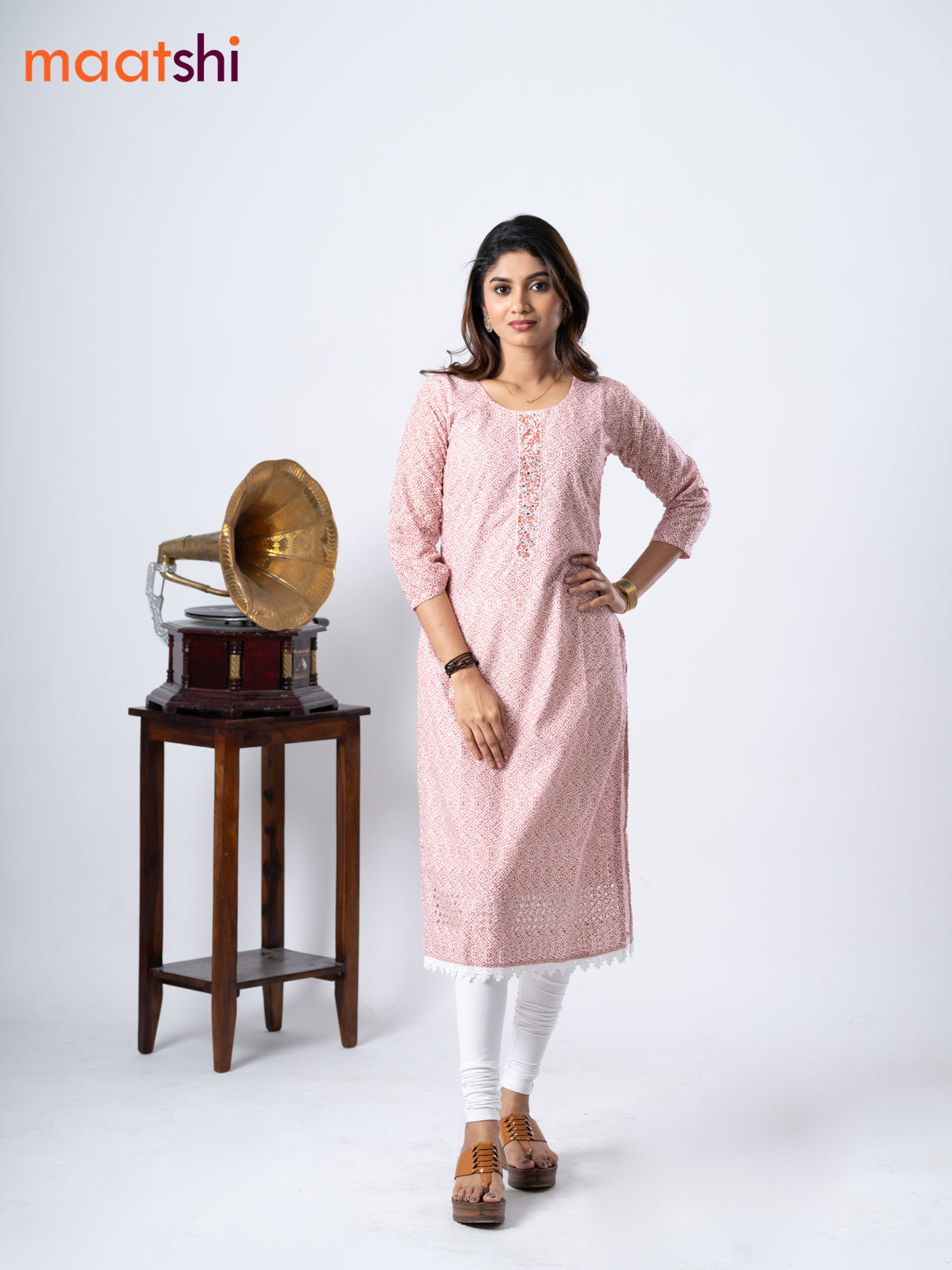 Cotton kurti off white and brown with geometric print chikankari work & beaded neck pattern without pant