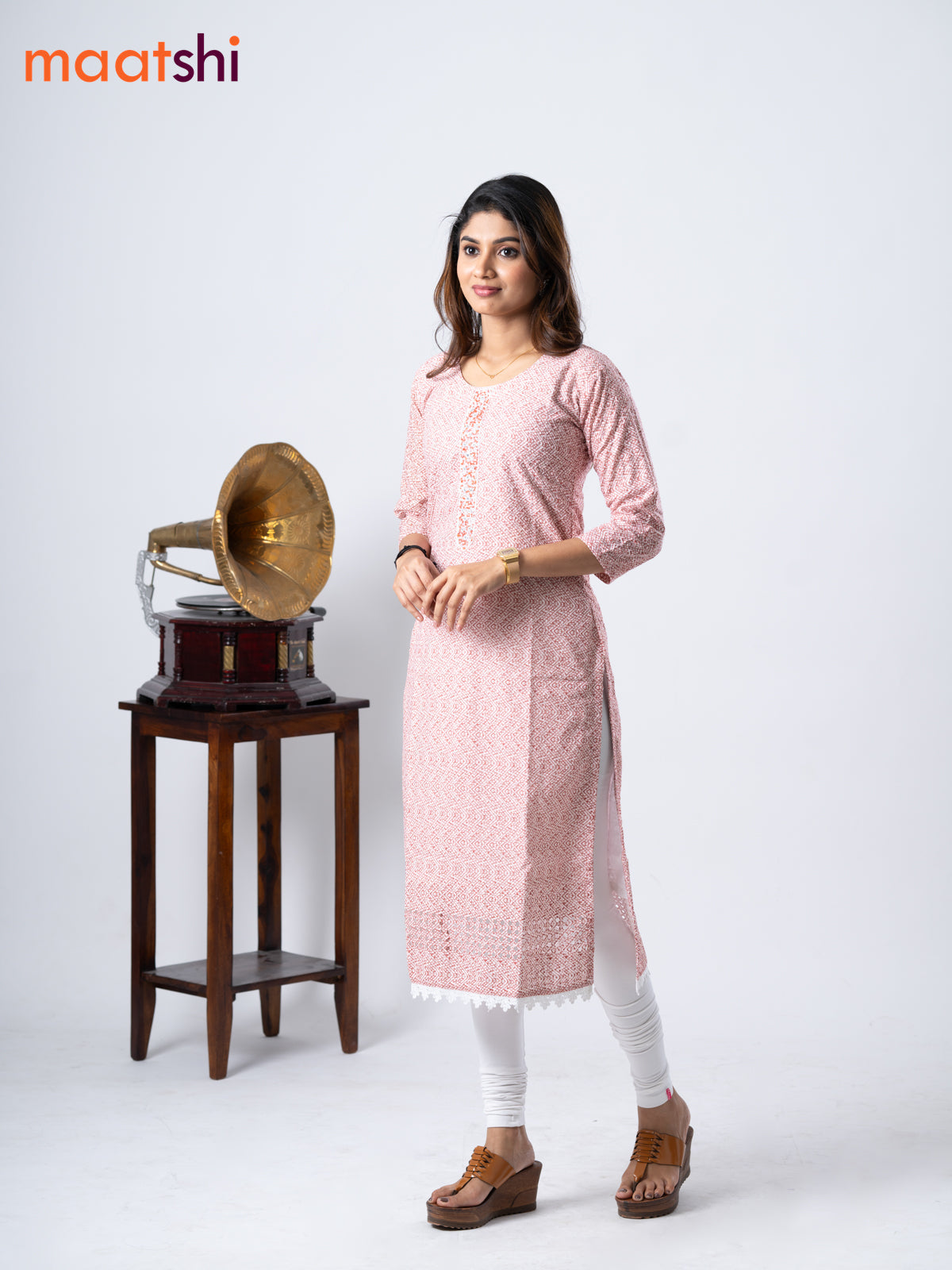 Cotton kurti off white and brown with geometric print chikankari work & beaded neck pattern without pant