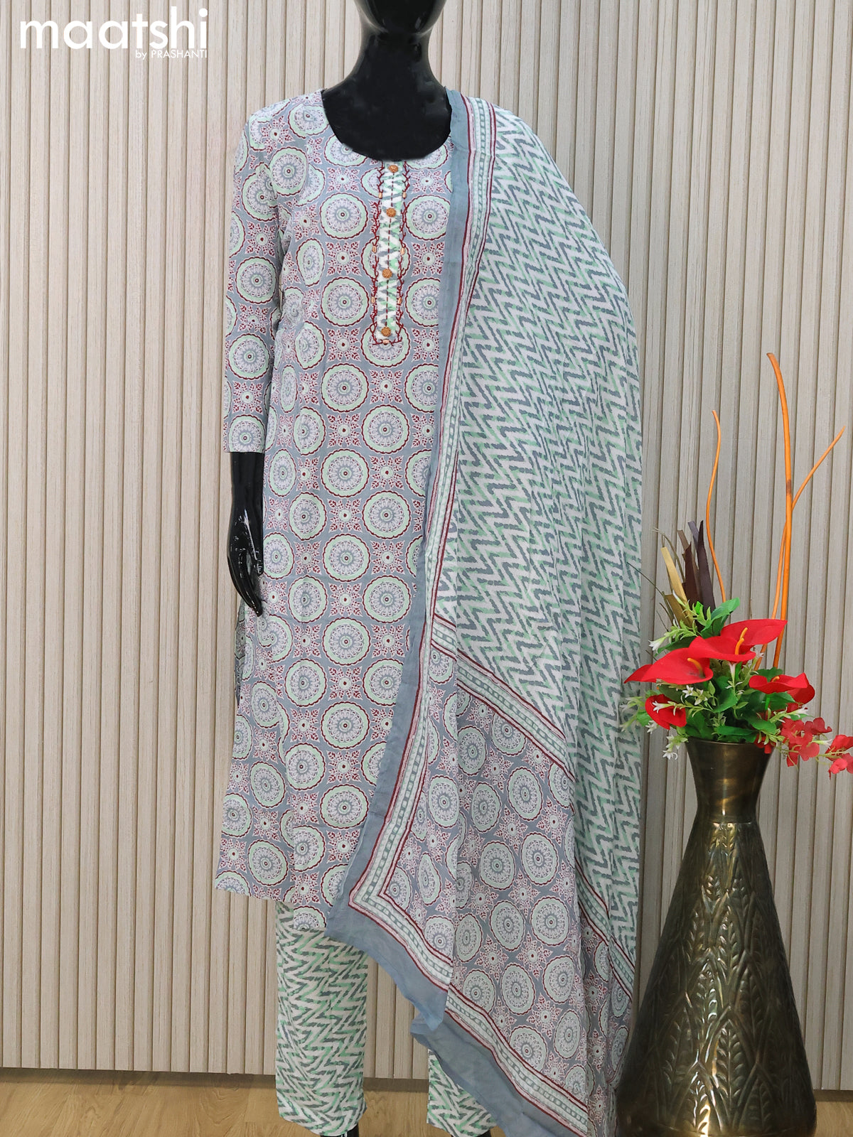 Cotton readymade salwar suits grey and off white with allover