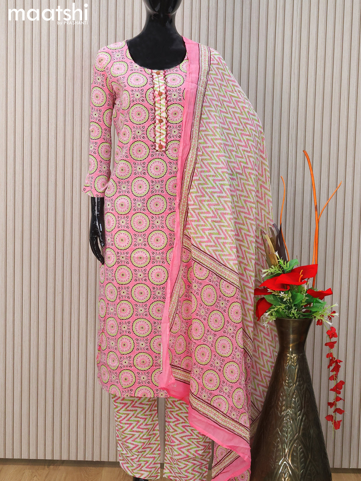 Cotton readymade salwar suits light pink and off white with