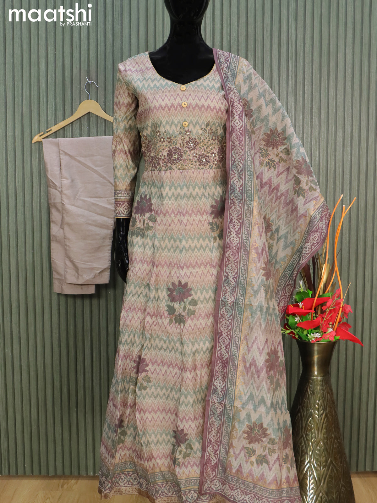 Chanderi readymade floor length salwar suits grey shade with