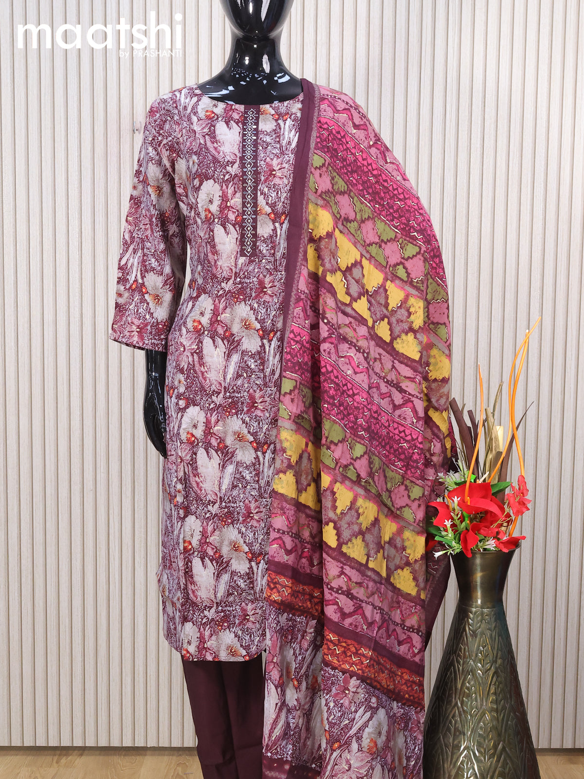Modal readymade salwar suits grey shade and wine shade with allover pr