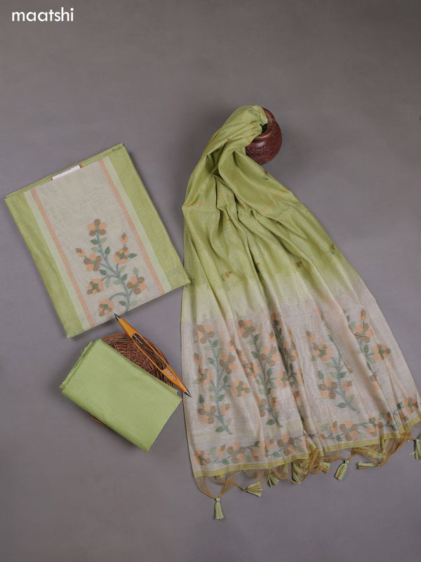 Pastel Green Munga Cotton Dress Material With Thread & Zari Weaves
