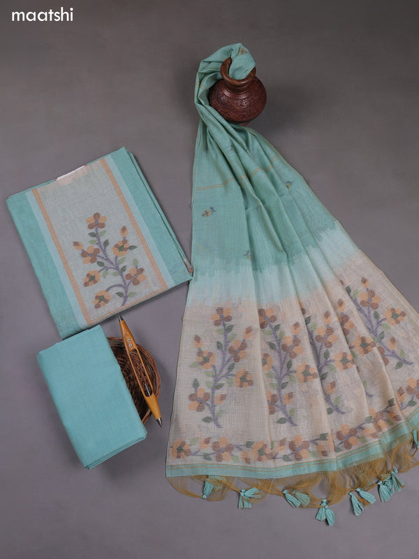 Teal Blue Munga Cotton Dress Material With Thread & Zari Weaves
