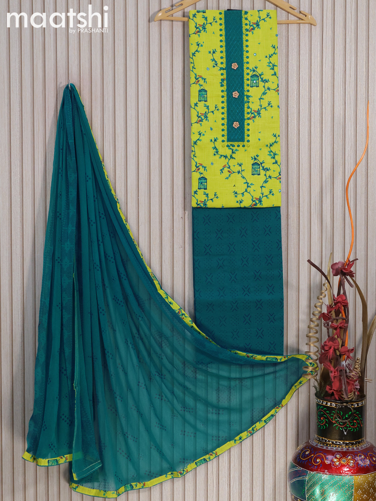 Cotton dress material fluorescent green and light blue with allover pr Maatshi