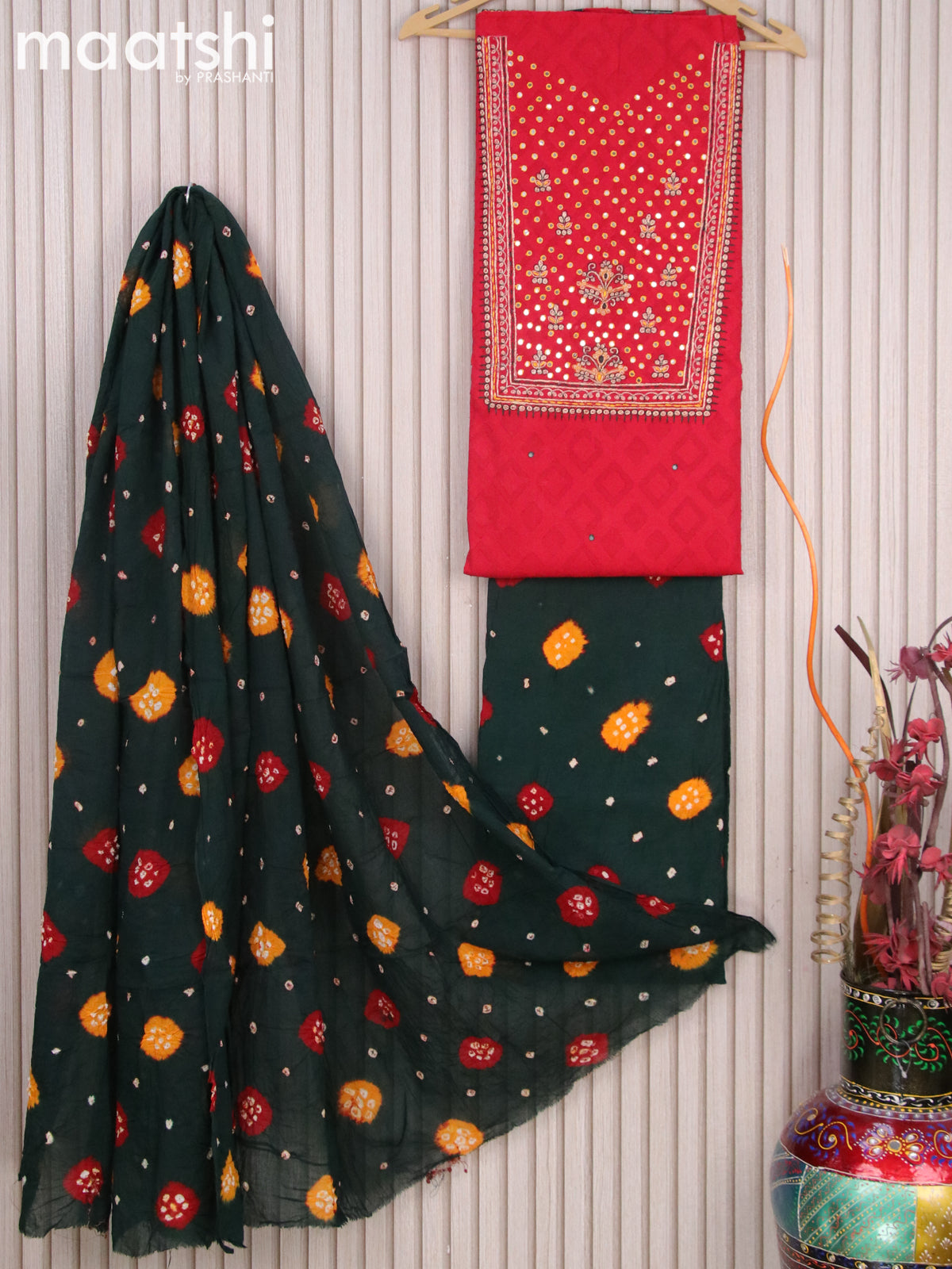 Cotton dress material red and bottle green with embroidery mirror work Maatshi