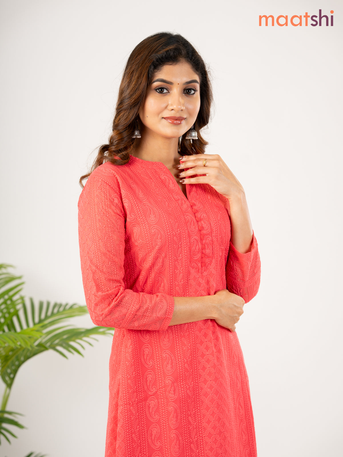 Semi georgette kurti pink shade with allover chikankari work & simple neck pattern without pant