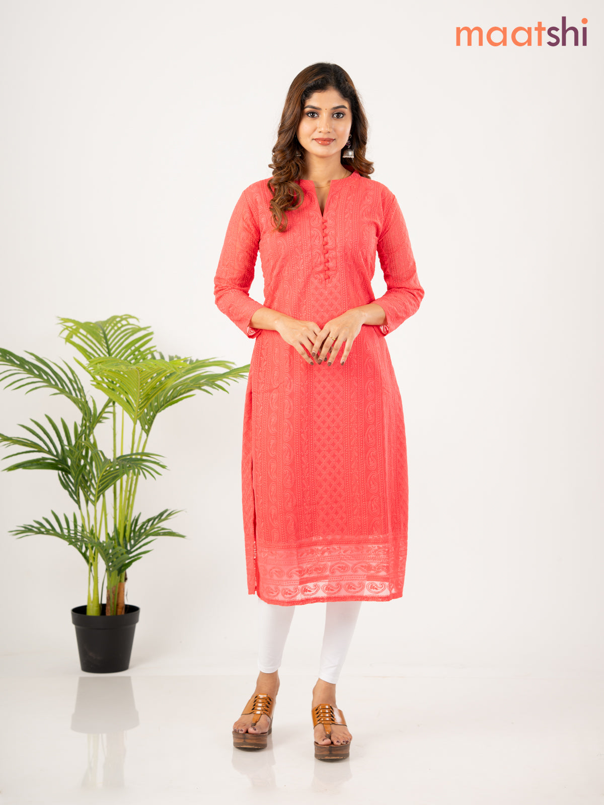 Semi georgette kurti pink shade with allover chikankari work & simple neck pattern without pant
