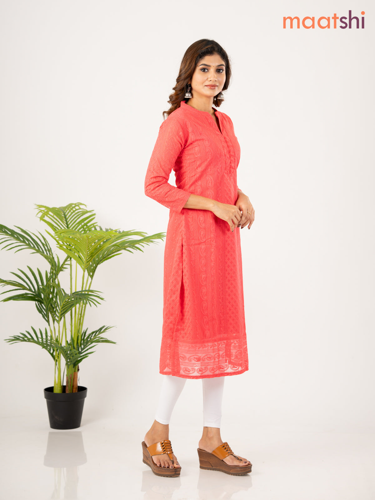 Semi georgette kurti pink shade with allover chikankari work & simple neck pattern without pant
