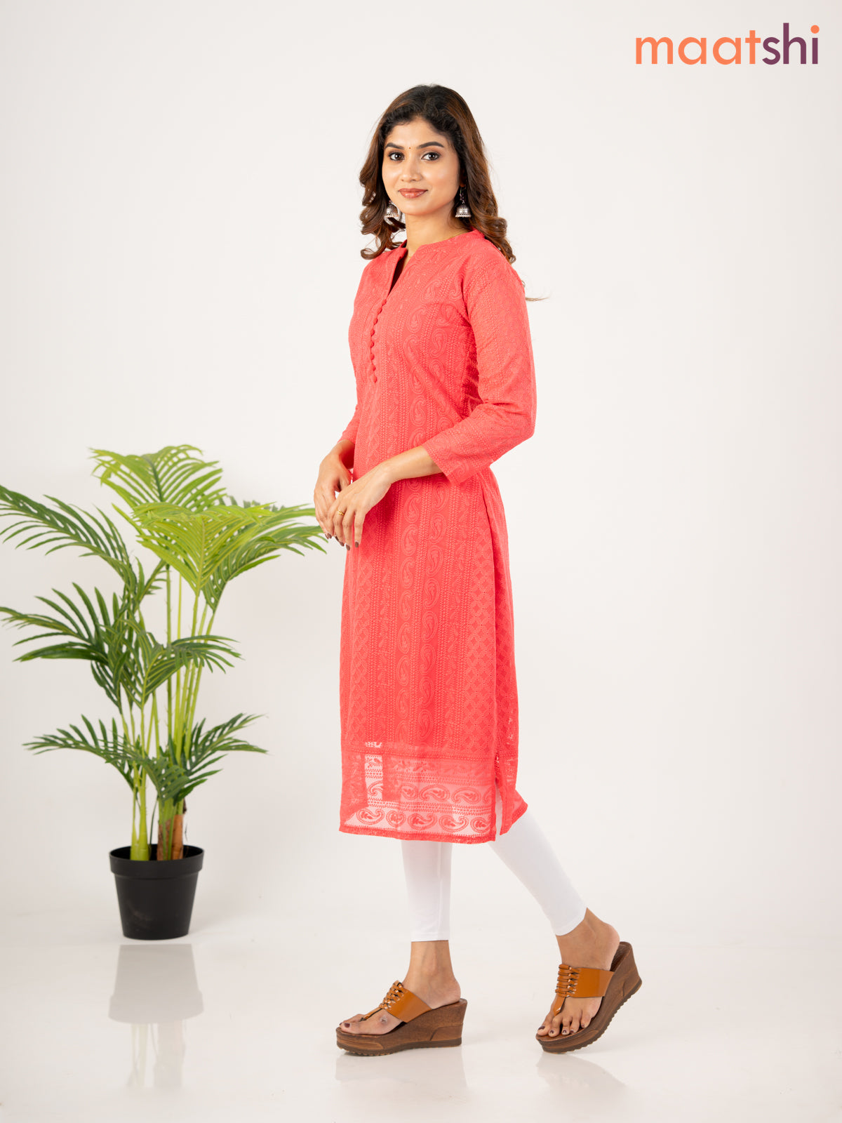 Semi georgette kurti pink shade with allover chikankari work & simple neck pattern without pant