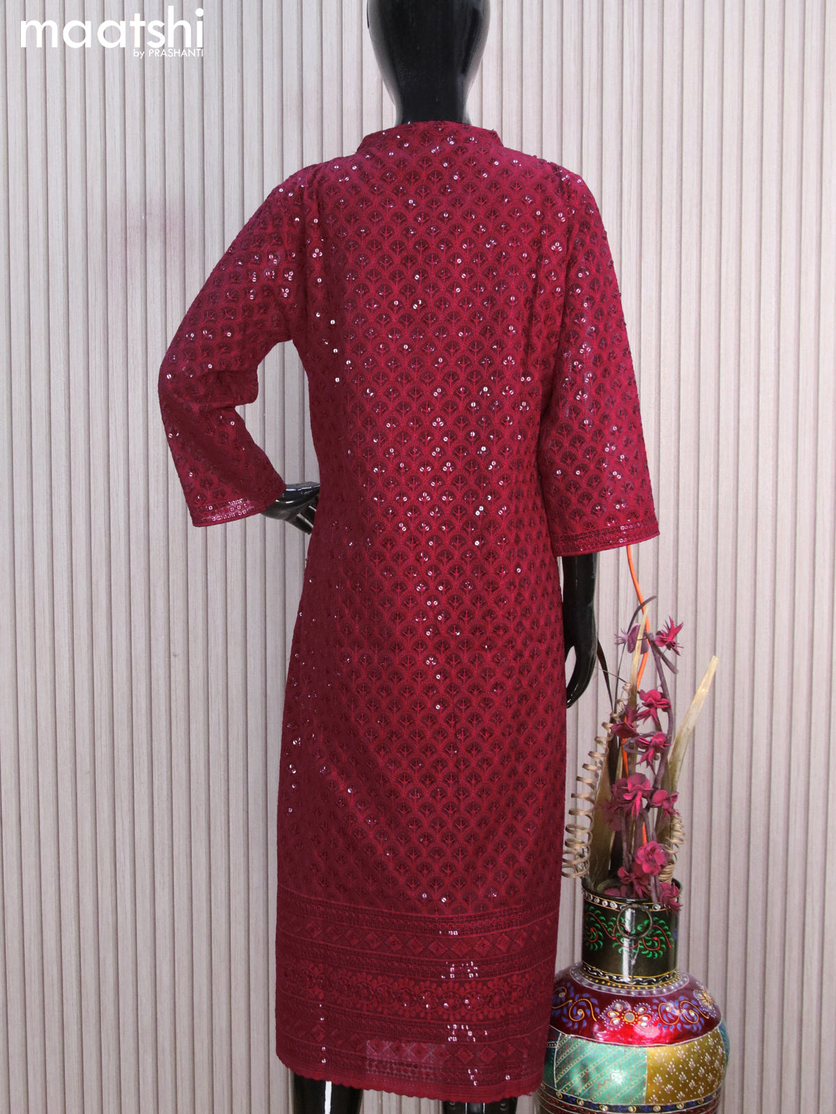 Semi georgette readymade kurti maroon with allover chikankari work & simple neck pattern without pant