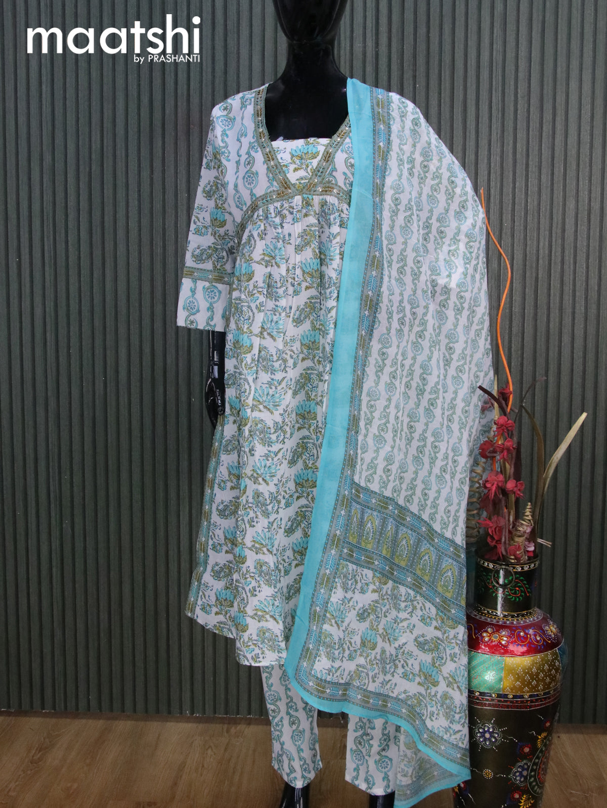 Cotton readymade alia cut salwar suits off white with allover prints & sequin work neck pattern and straight cut pant & cotton dupatta