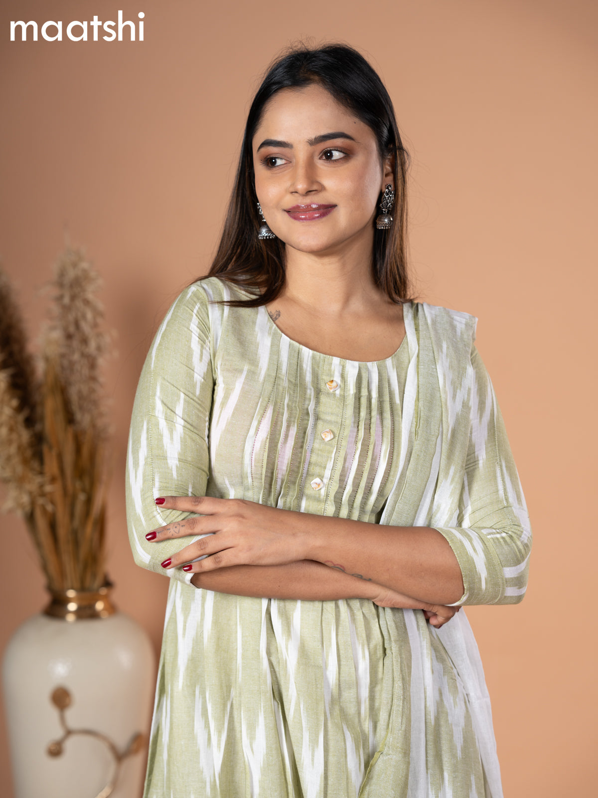 Cotton readymade salwar suit pastel green and off white with