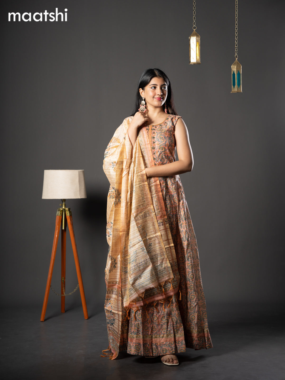 Chanderi readymade anarkali salwar suit pastel peach with allover