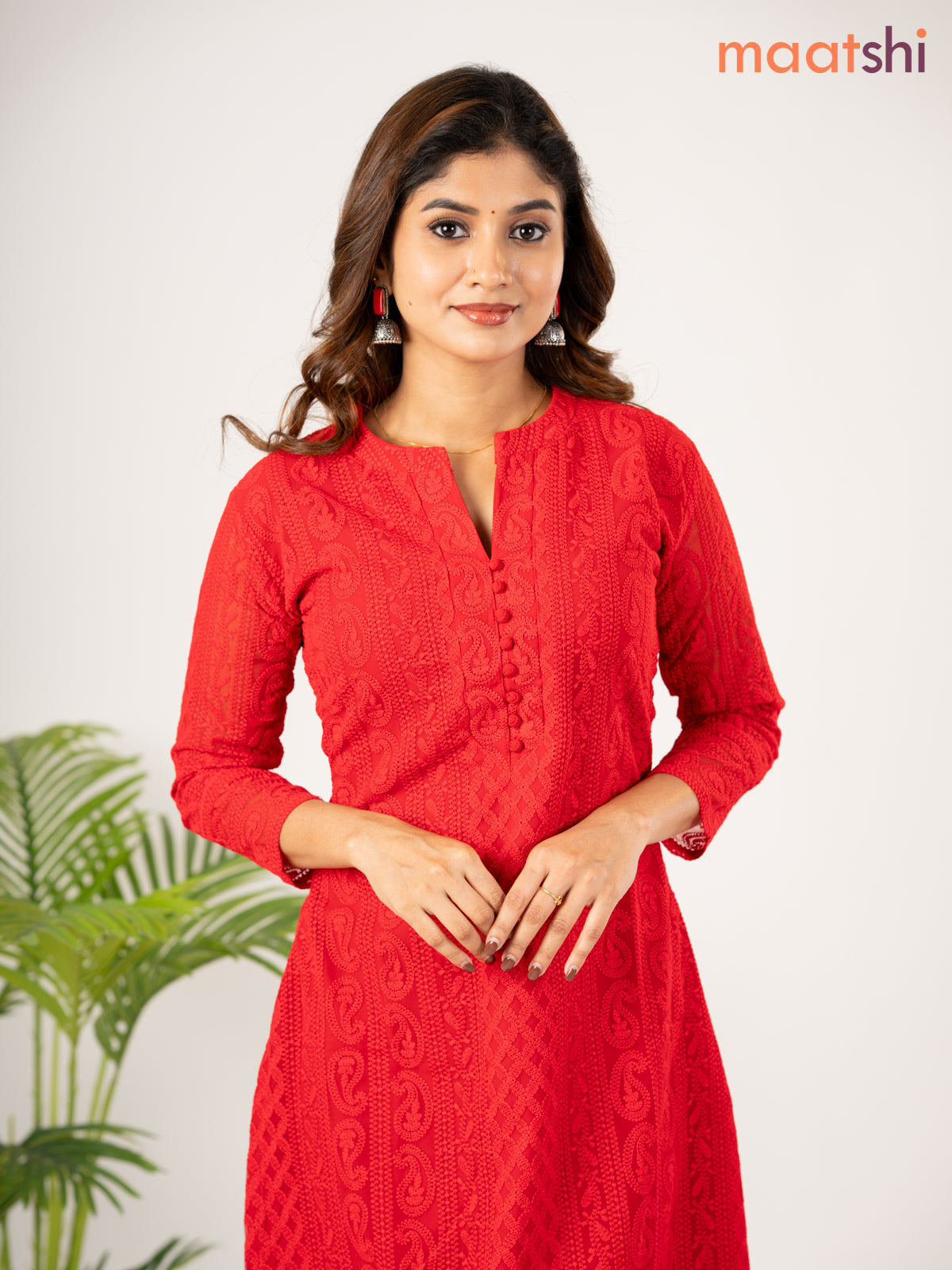 Semi georgette kurti red with allover chikankari work without pant