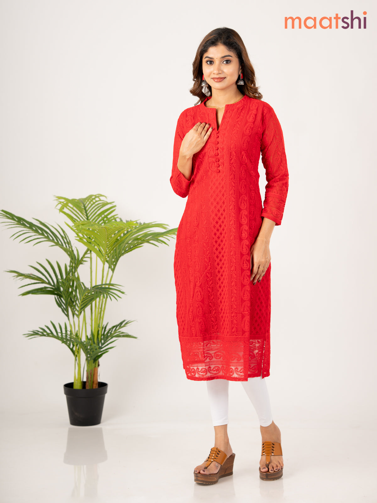 Semi georgette kurti red with allover chikankari work without pant