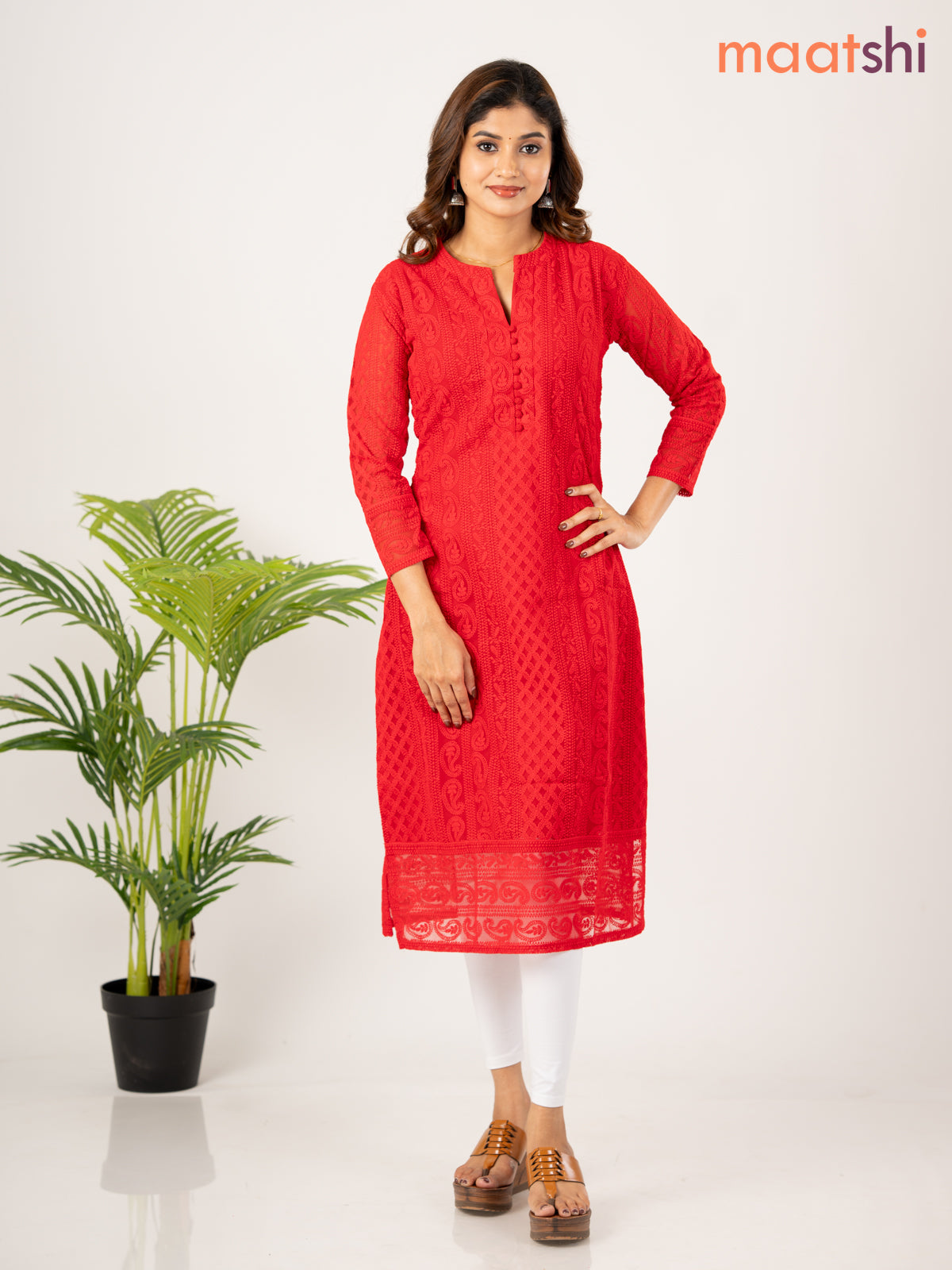 Semi georgette kurti red with allover chikankari work without pant
