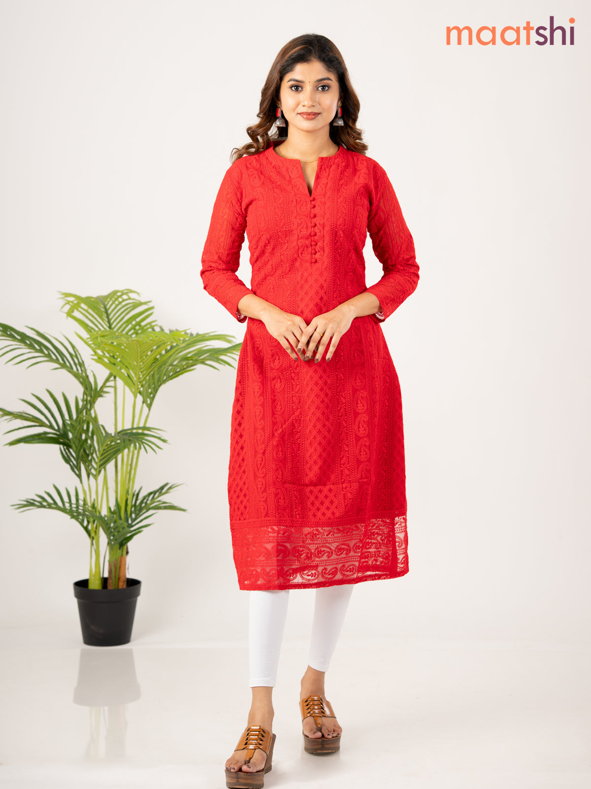 Semi georgette kurti red with allover chikankari work without pant