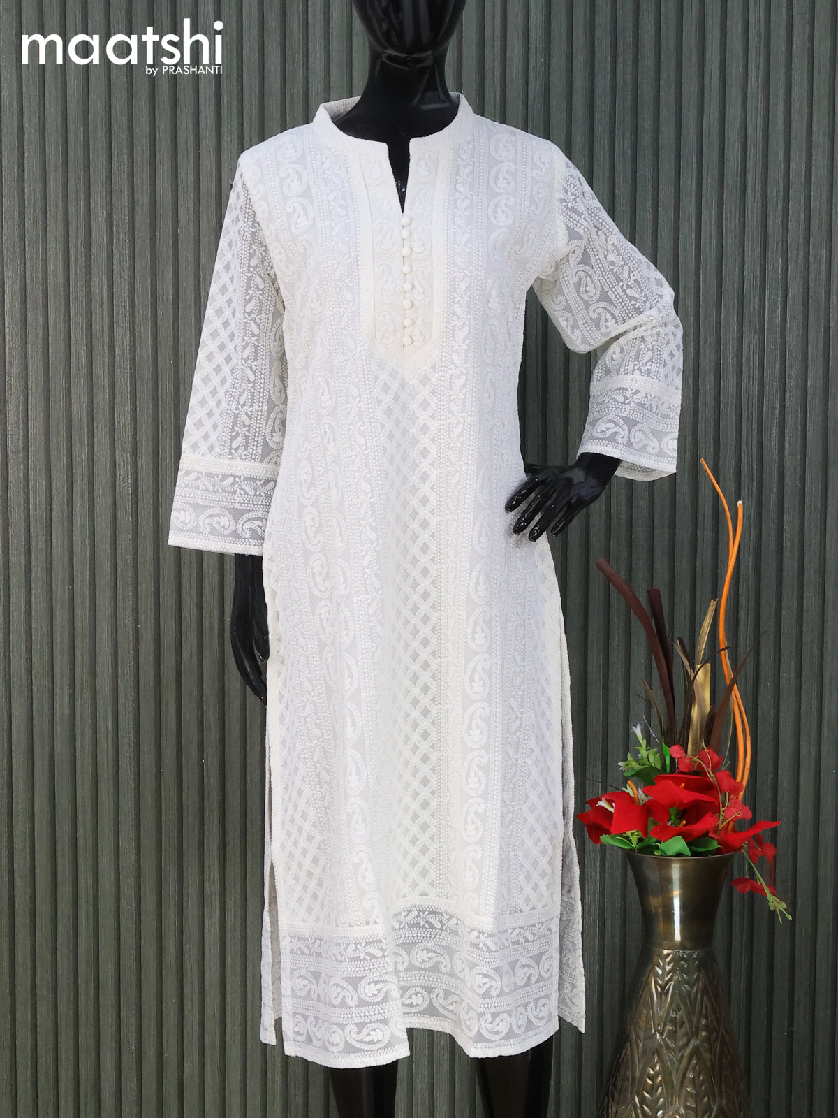 Semi georgette readymade kurti off white with allover chikankari