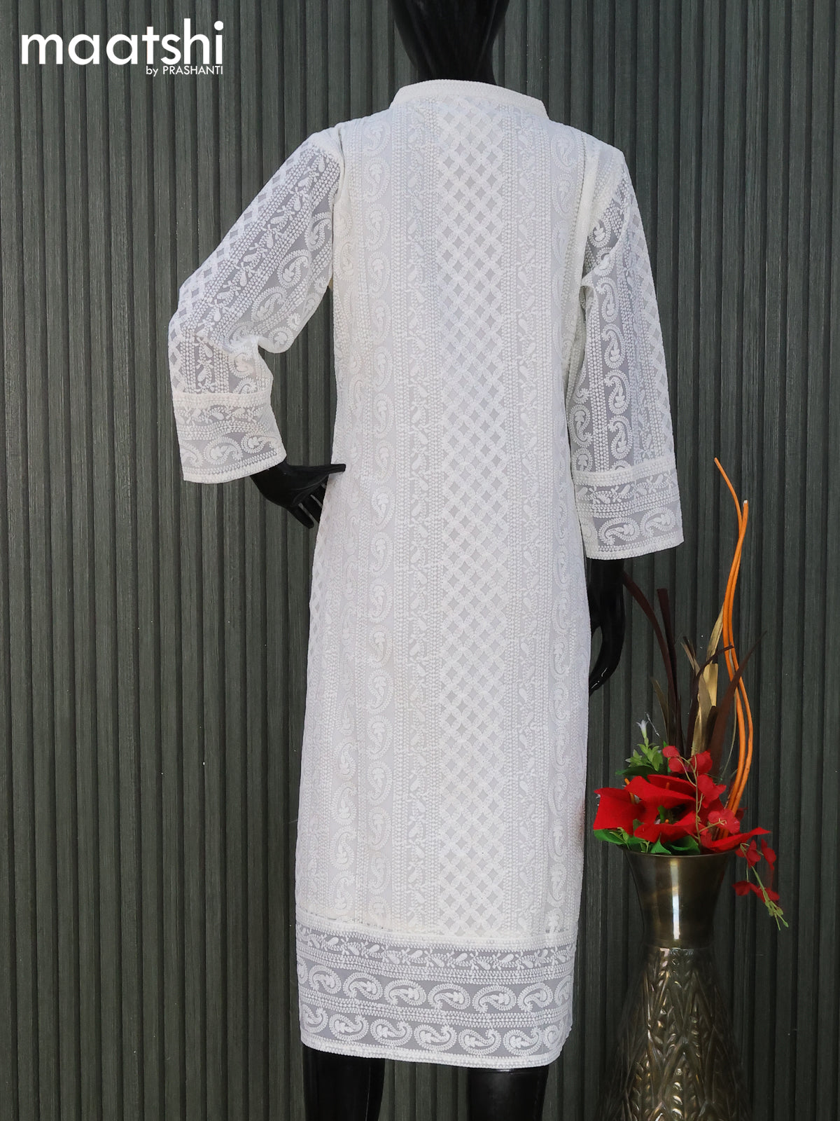 Semi georgette readymade kurti off white with allover chikankari work without pant