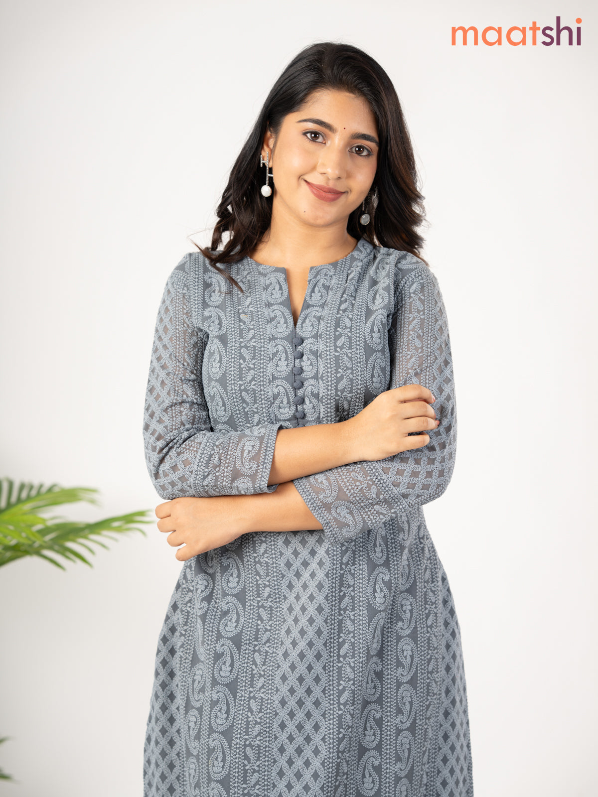 Semi georgette kurti elephant grey with allover chikankari work without pant