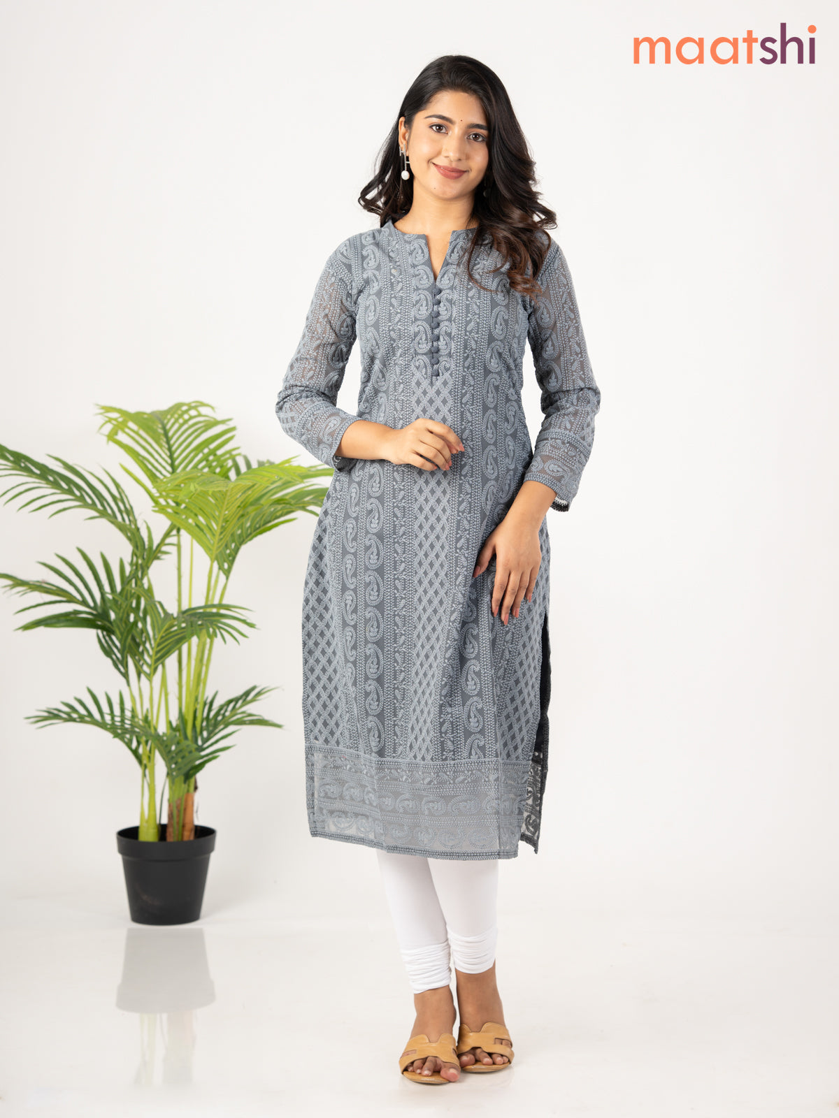 Semi georgette kurti elephant grey with allover chikankari work without pant