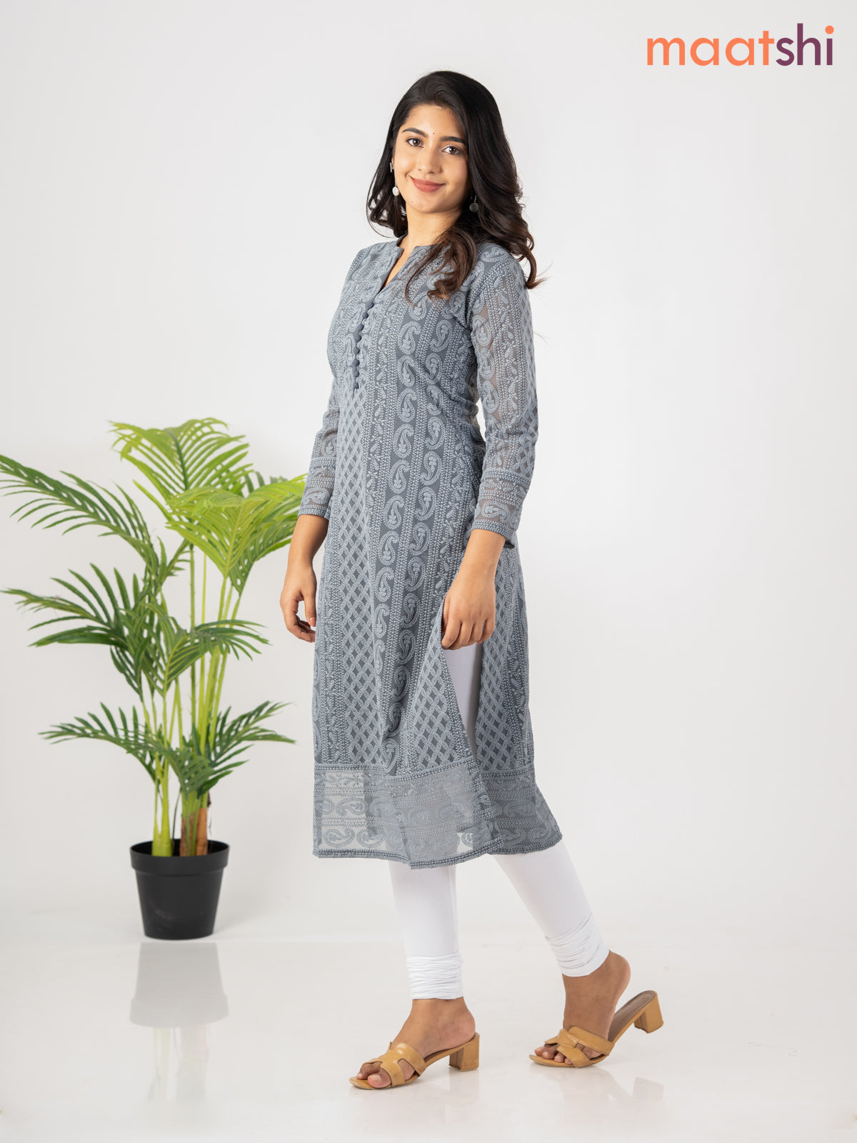 Semi georgette kurti elephant grey with allover chikankari work without pant