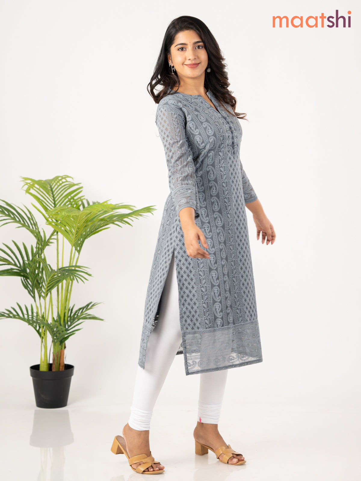 Semi georgette kurti elephant grey with allover chikankari work without pant