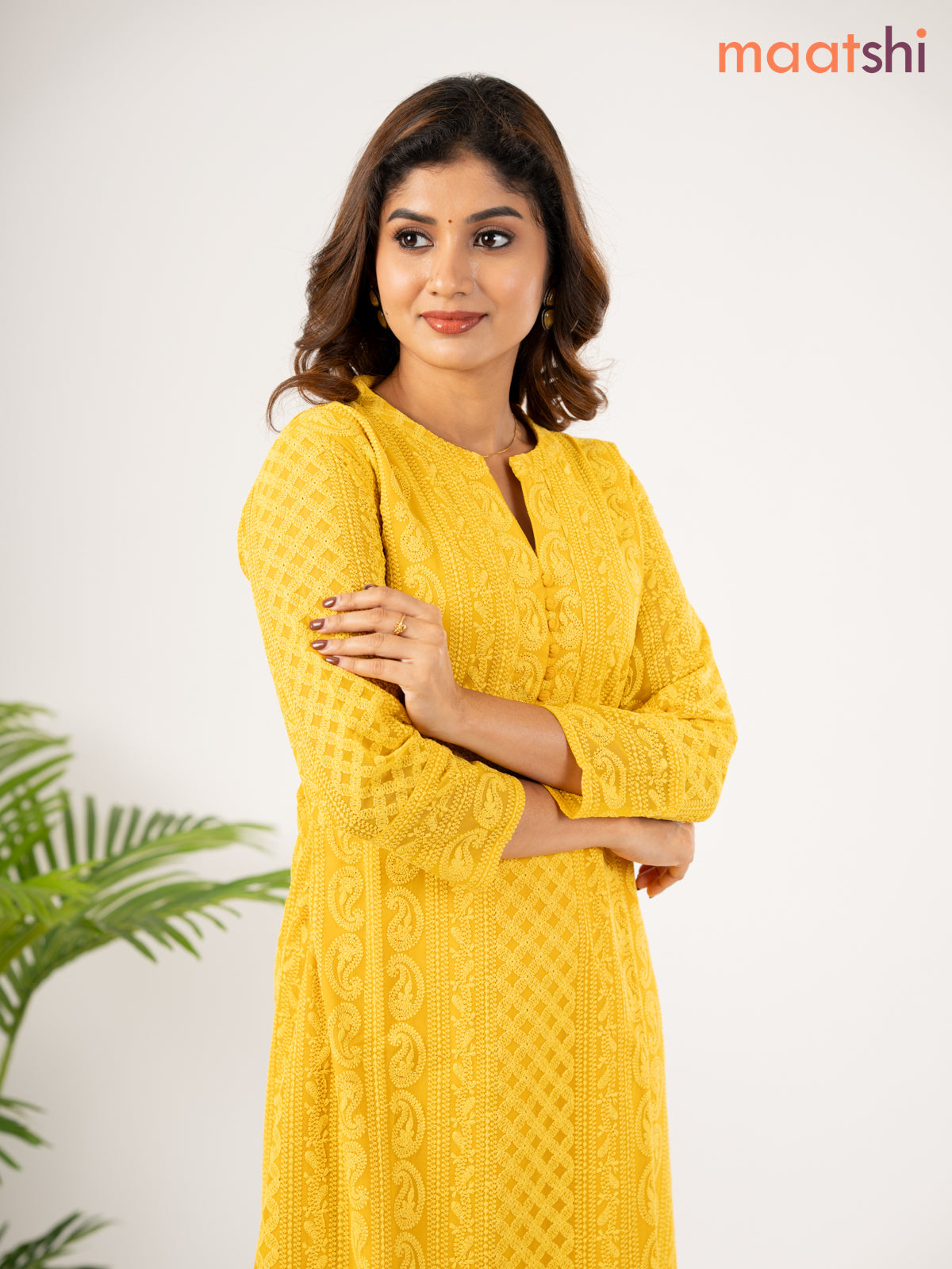 Semi georgette kurti mustard yellow with allover chikankari work without pant