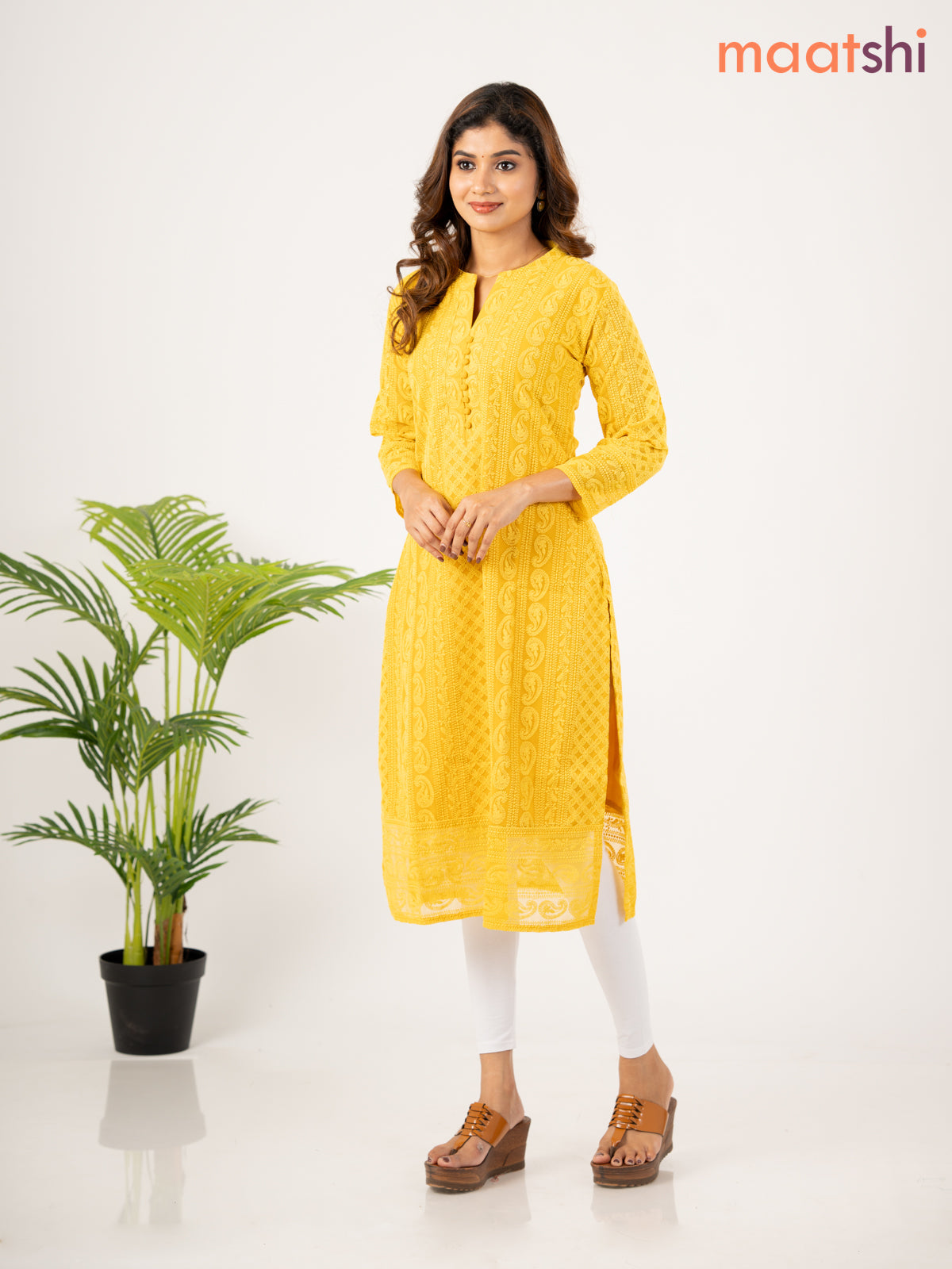 Semi georgette kurti mustard yellow with allover chikankari work without pant