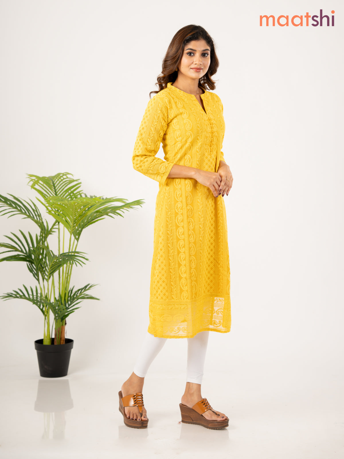 Semi georgette kurti mustard yellow with allover chikankari work without pant