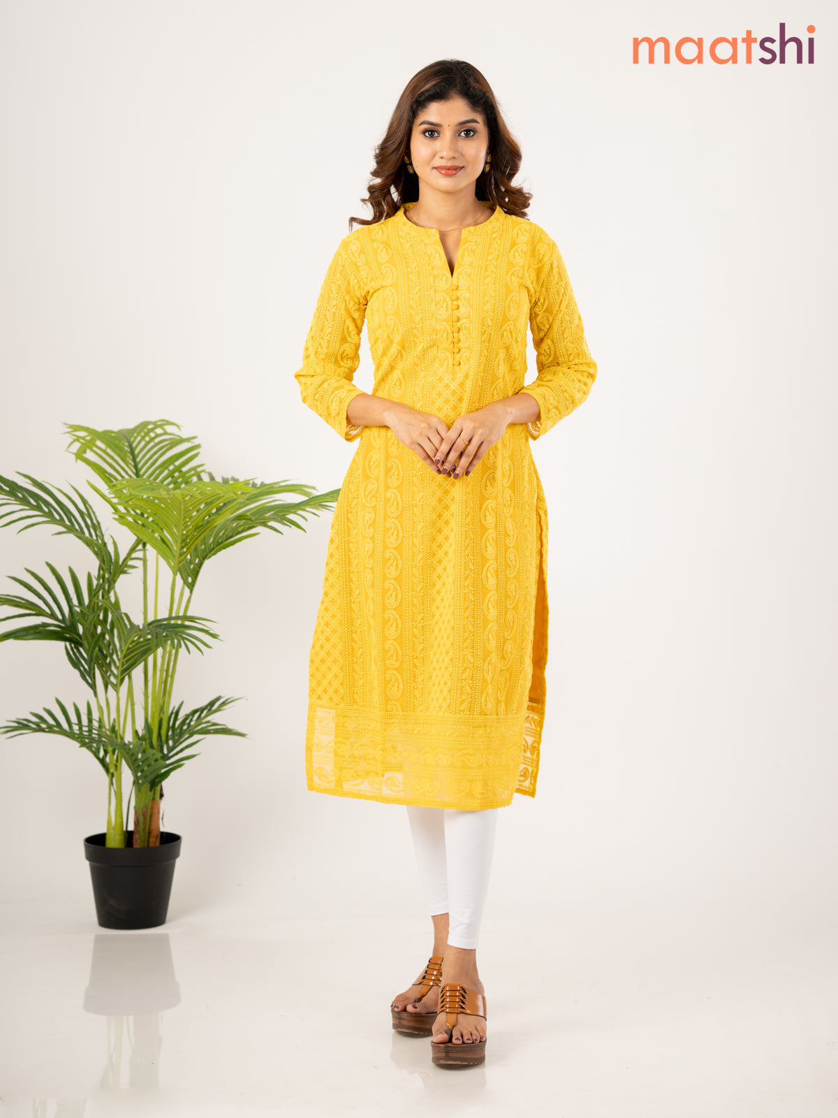 Semi georgette kurti mustard yellow with allover chikankari work without pant