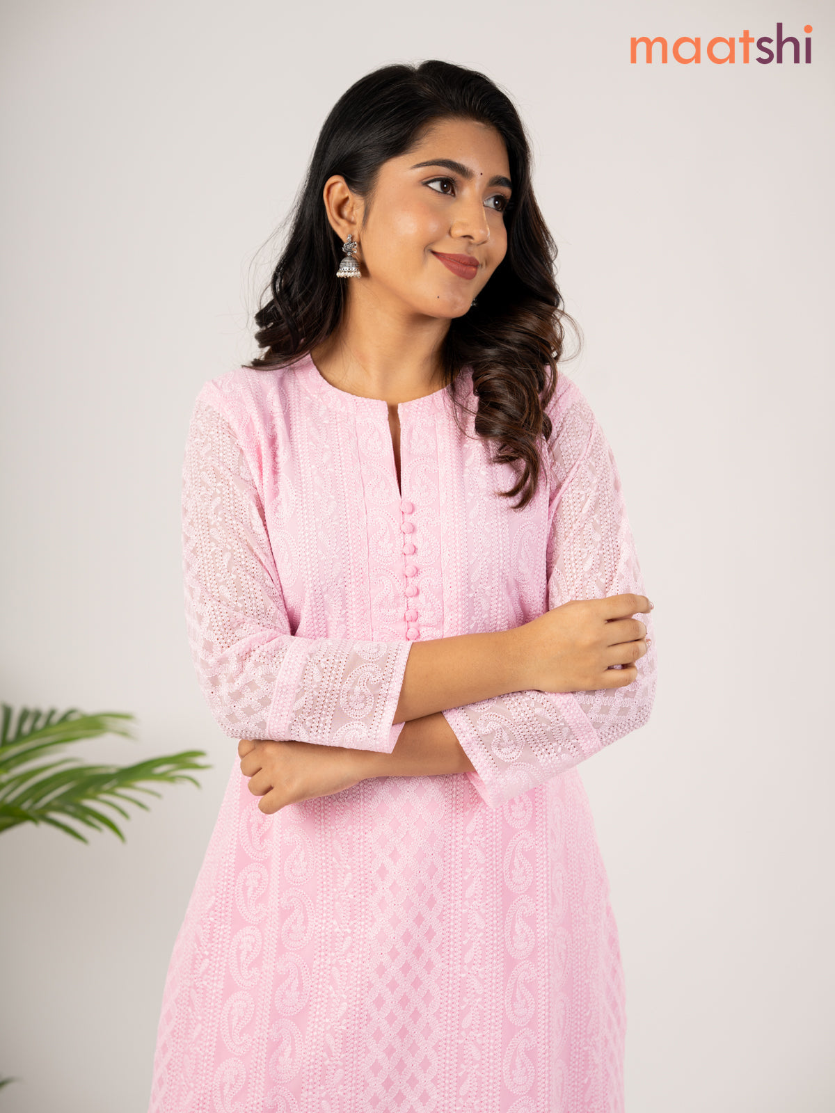 Semi georgette kurti light pink with allover chikankari work without pant