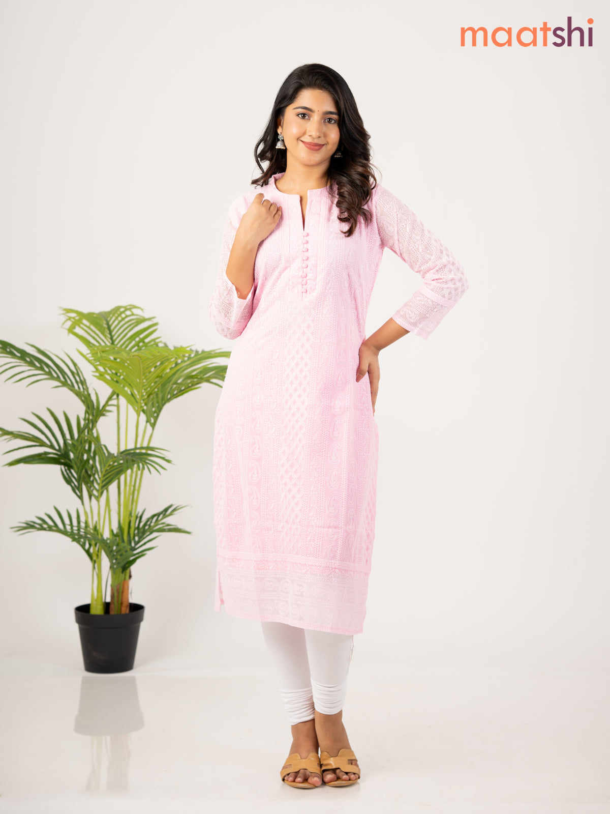 Semi georgette kurti light pink with allover chikankari work without pant